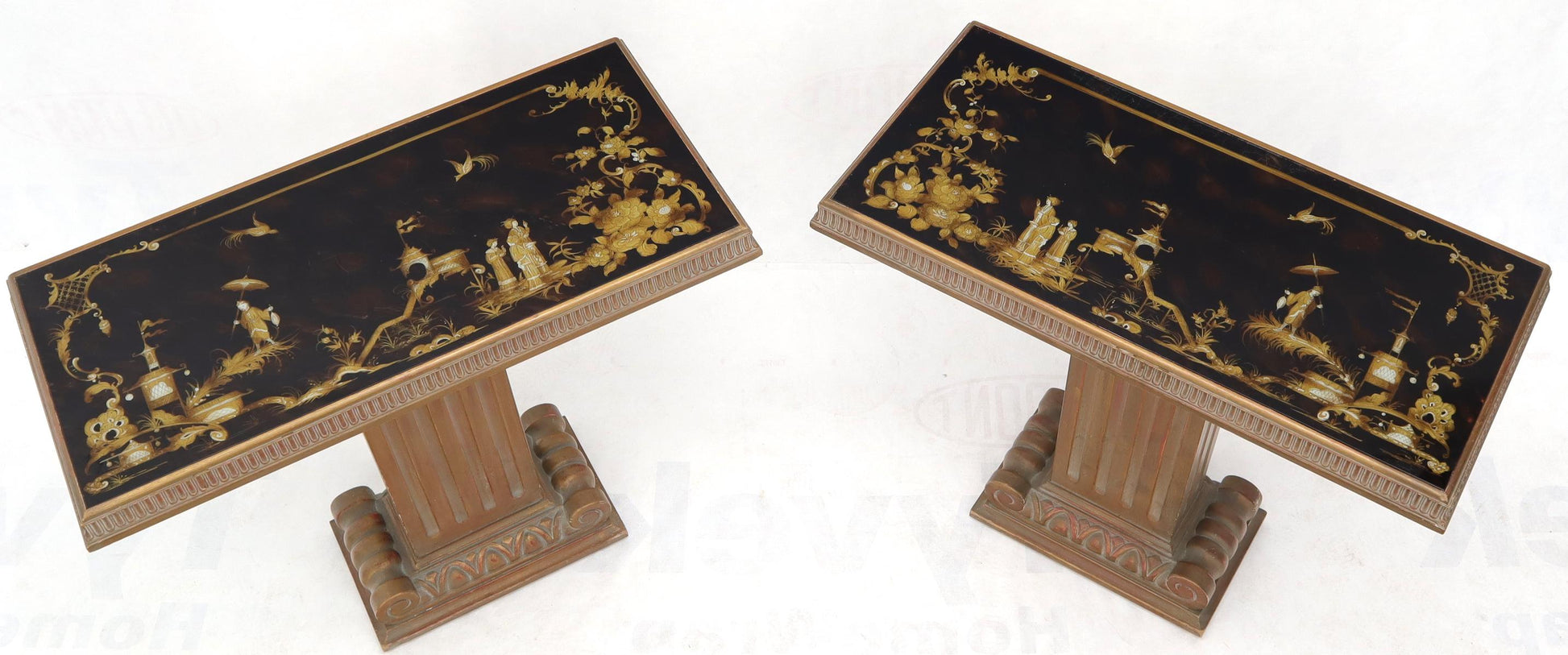 EstablishedLines Pair of Reverse Painted Glass Tops Single Pedestal Side Occasional Tables
