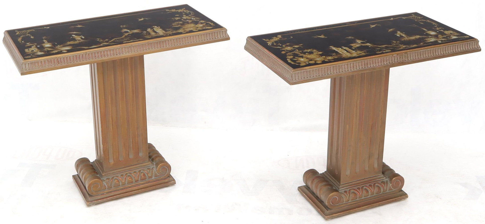EstablishedLines Pair of Reverse Painted Glass Tops Single Pedestal Side Occasional Tables