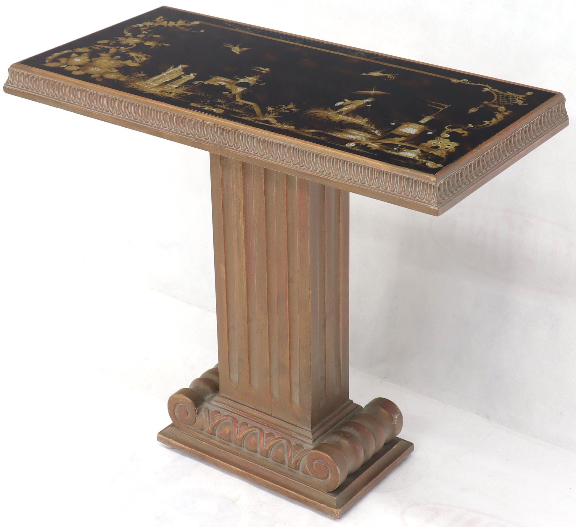 EstablishedLines Pair of Reverse Painted Glass Tops Single Pedestal Side Occasional Tables