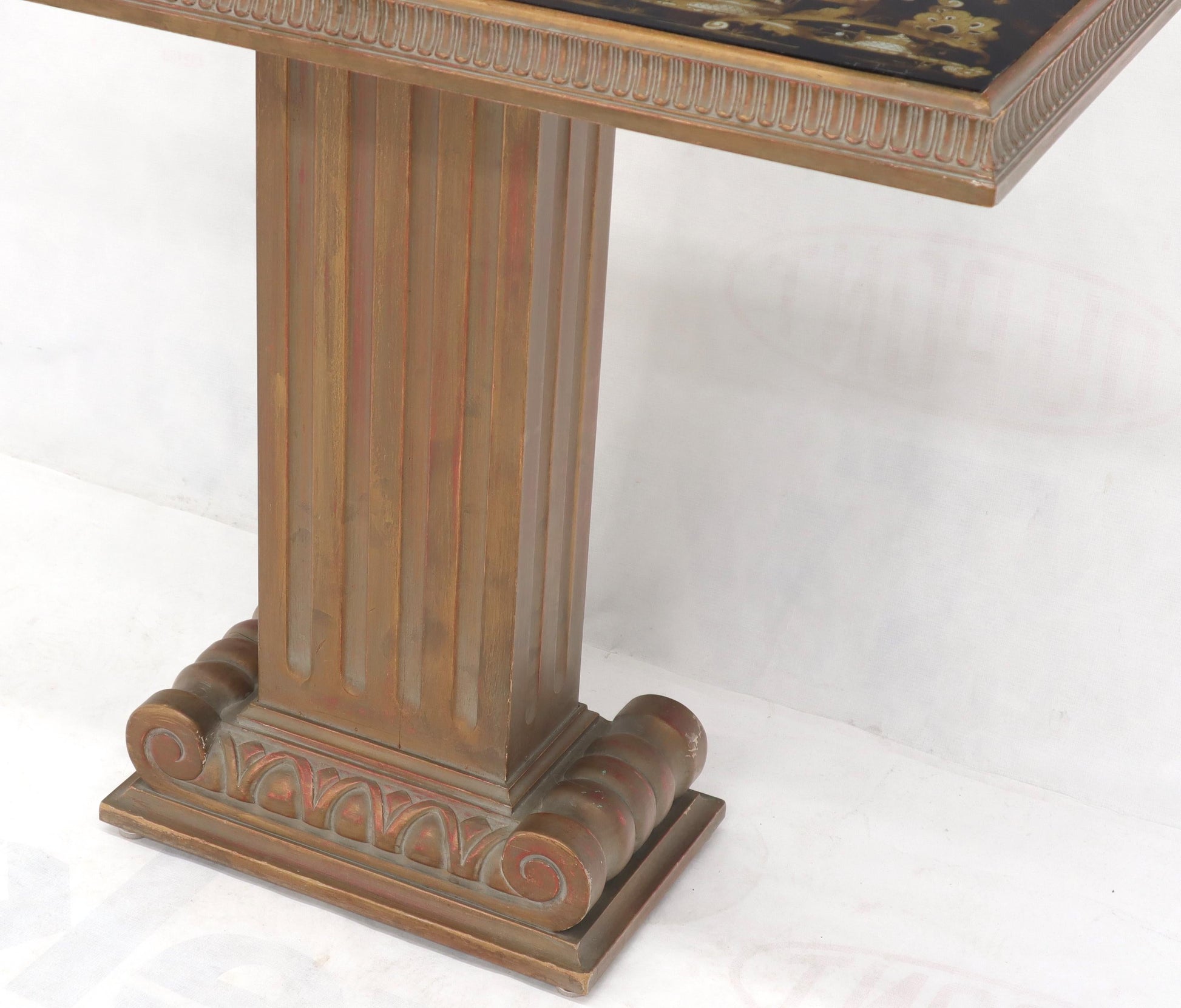 EstablishedLines Pair of Reverse Painted Glass Tops Single Pedestal Side Occasional Tables