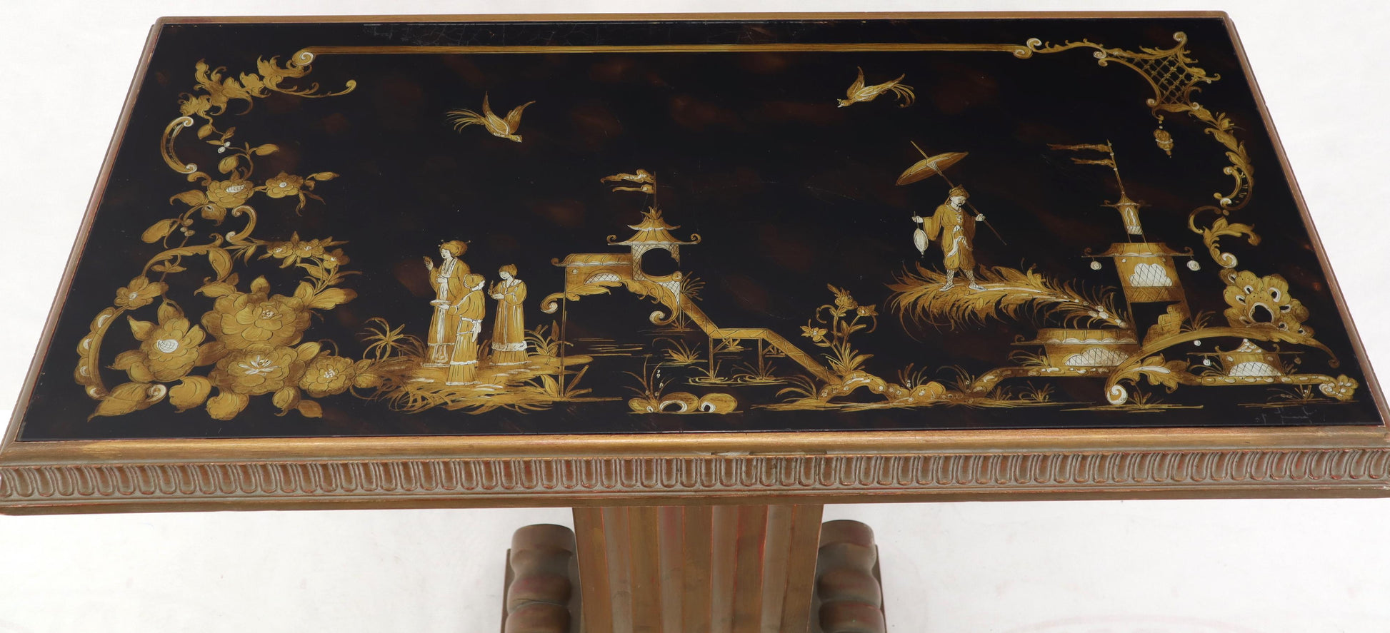 EstablishedLines Pair of Reverse Painted Glass Tops Single Pedestal Side Occasional Tables