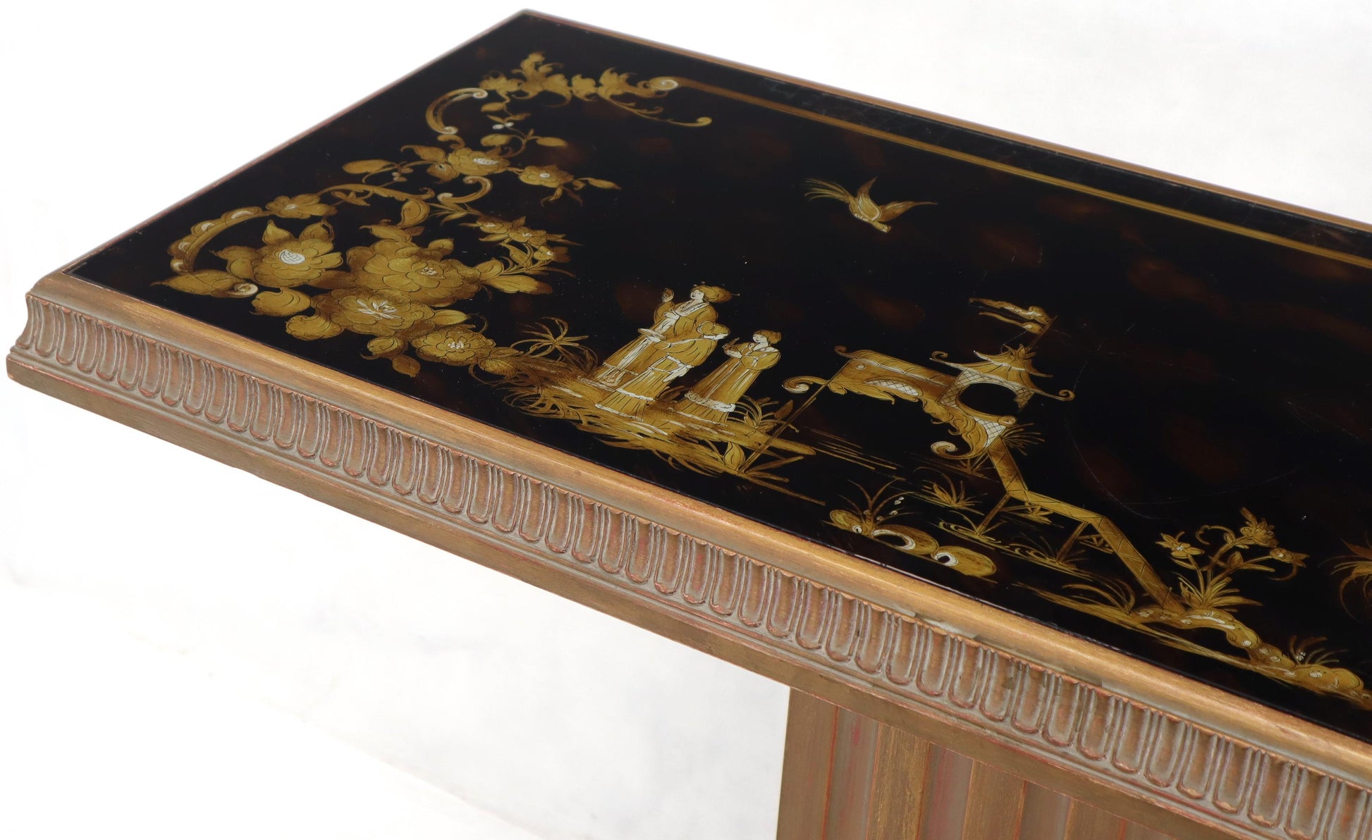EstablishedLines Pair of Reverse Painted Glass Tops Single Pedestal Side Occasional Tables