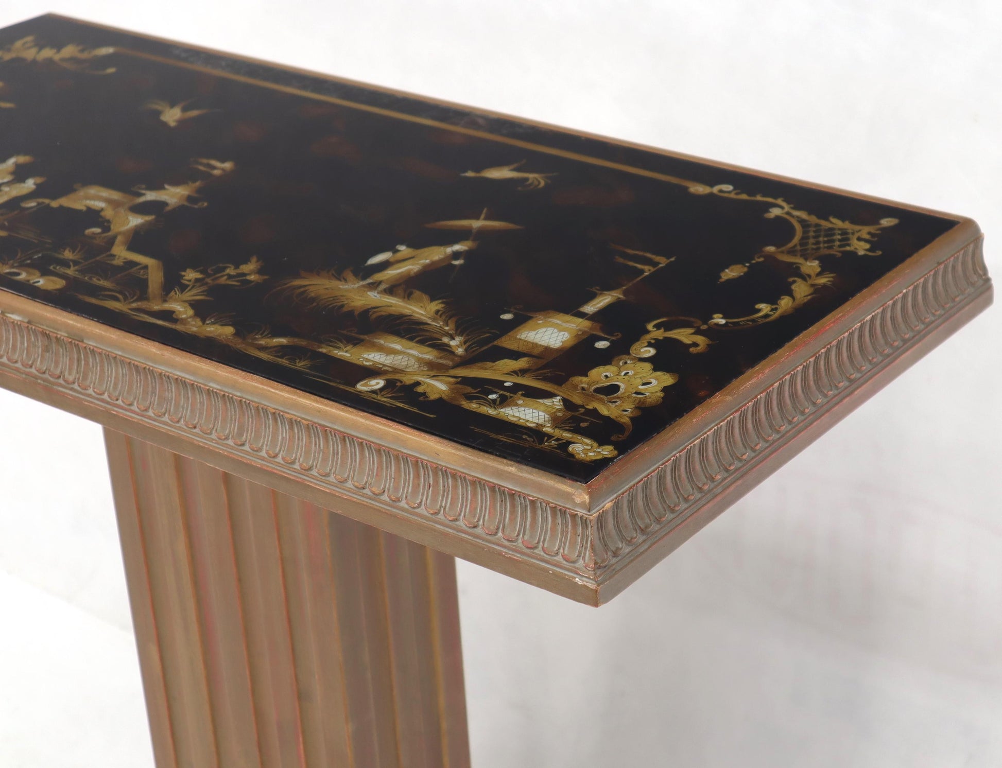 EstablishedLines Pair of Reverse Painted Glass Tops Single Pedestal Side Occasional Tables