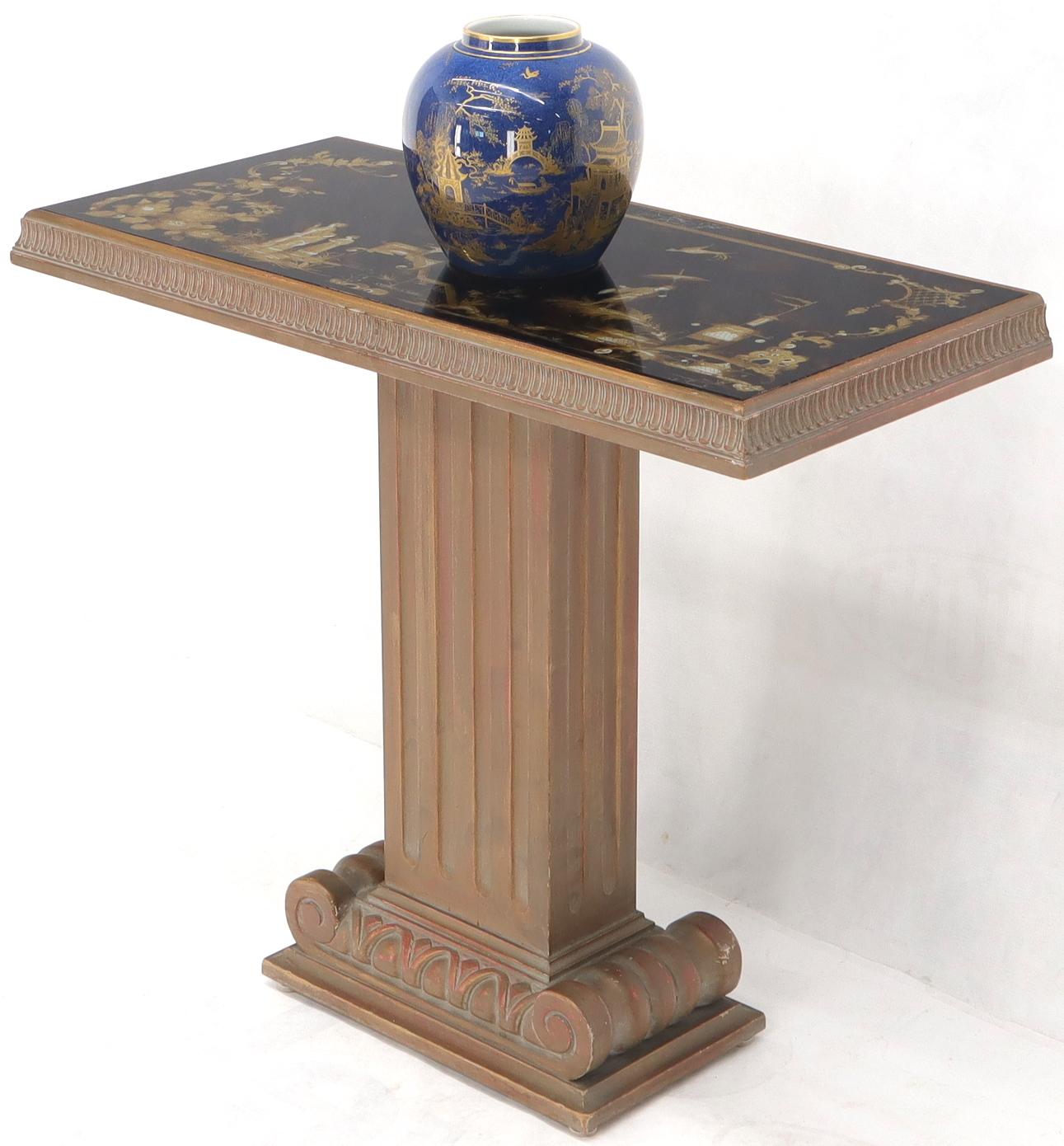 EstablishedLines Pair of Reverse Painted Glass Tops Single Pedestal Side Occasional Tables