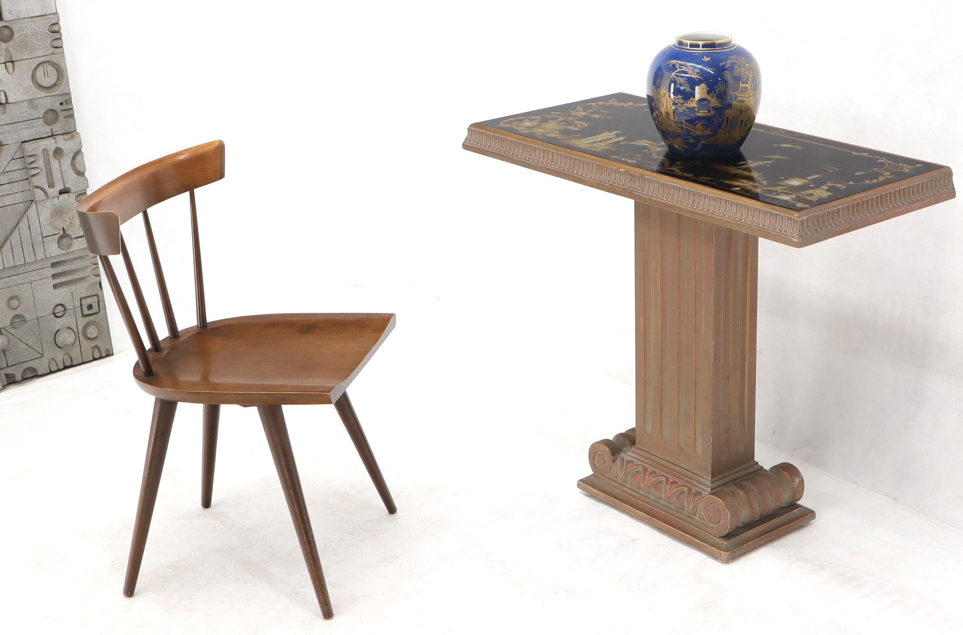 EstablishedLines Pair of Reverse Painted Glass Tops Single Pedestal Side Occasional Tables