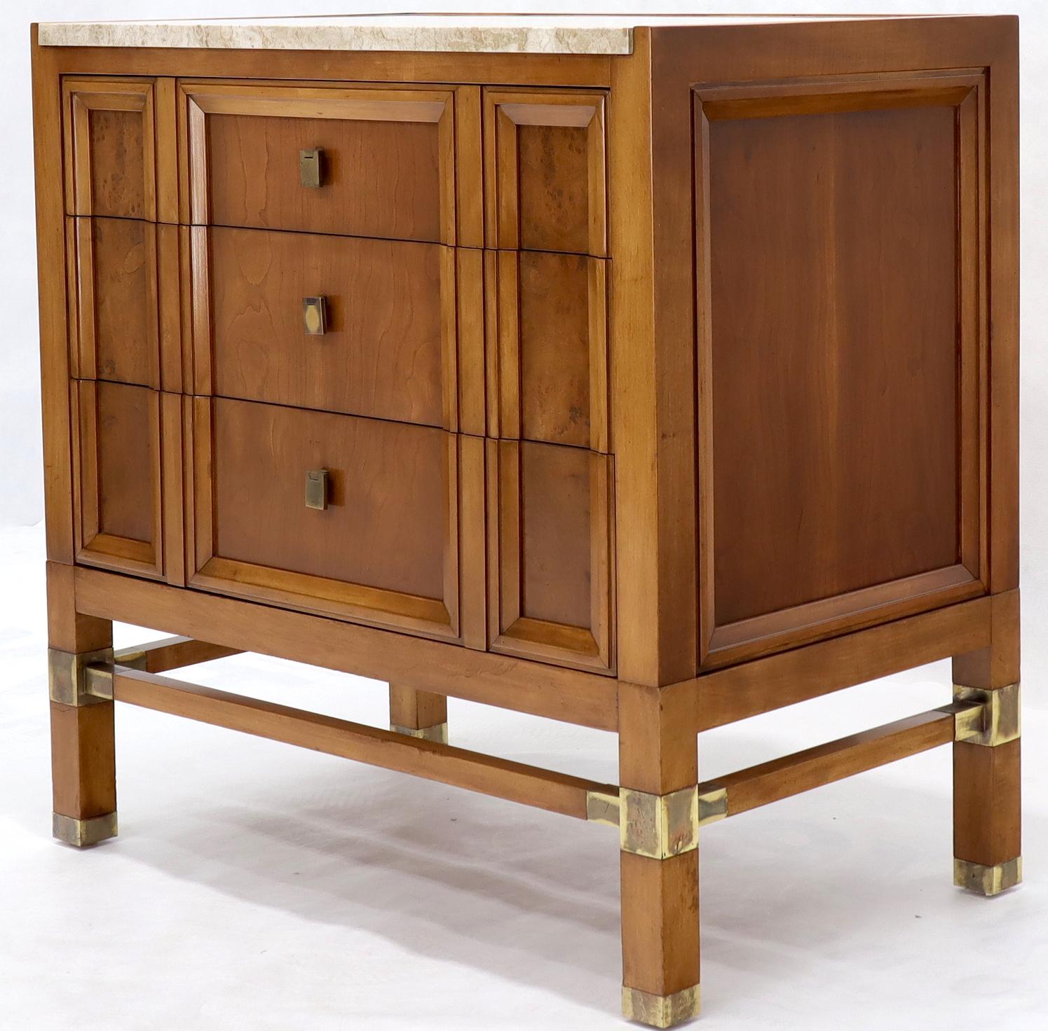 EstablishedLines Travertine Top Three Drawers Bachelors Chest with Brass Pulls and Accents