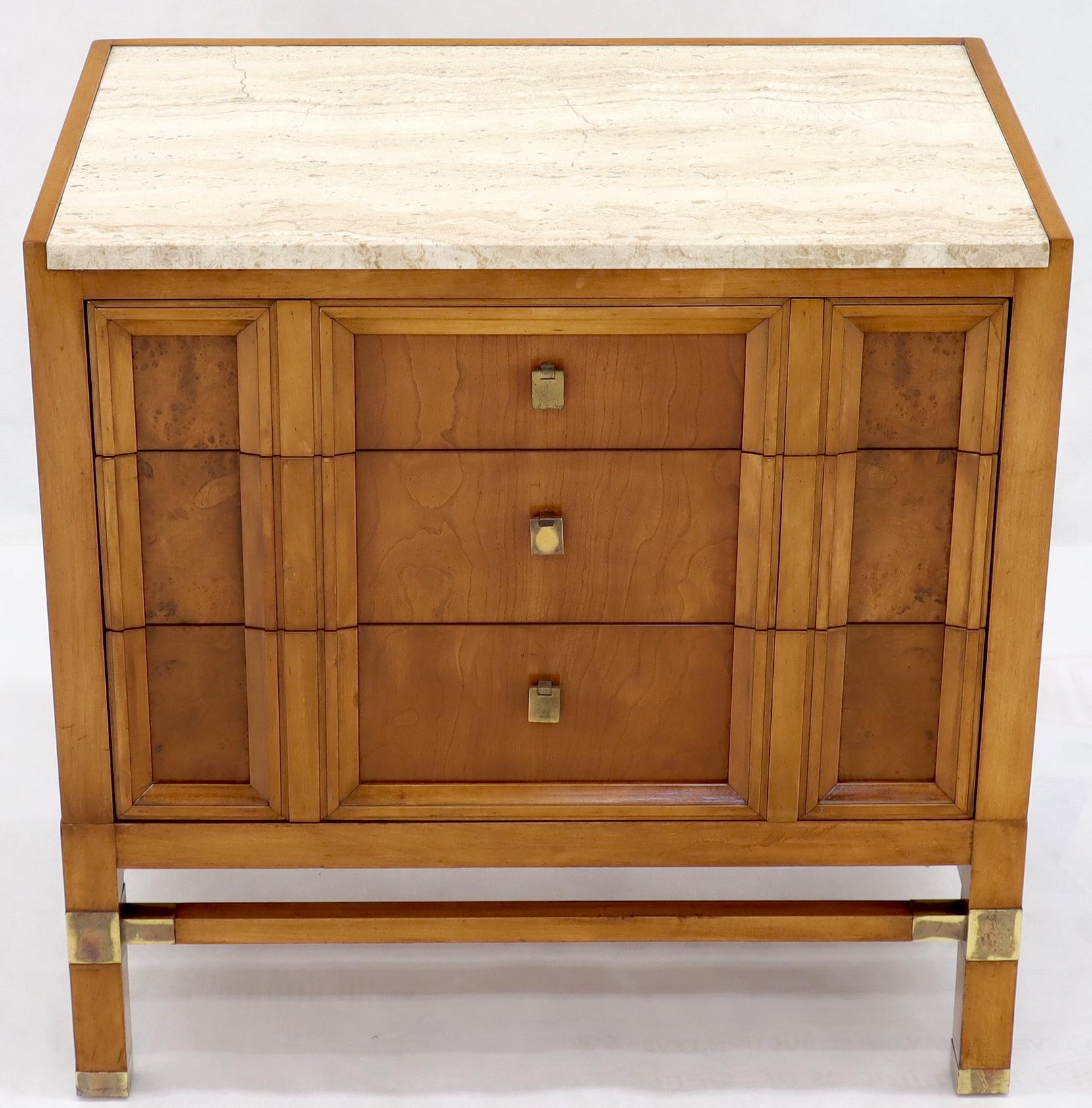 EstablishedLines Travertine Top Three Drawers Bachelors Chest with Brass Pulls and Accents