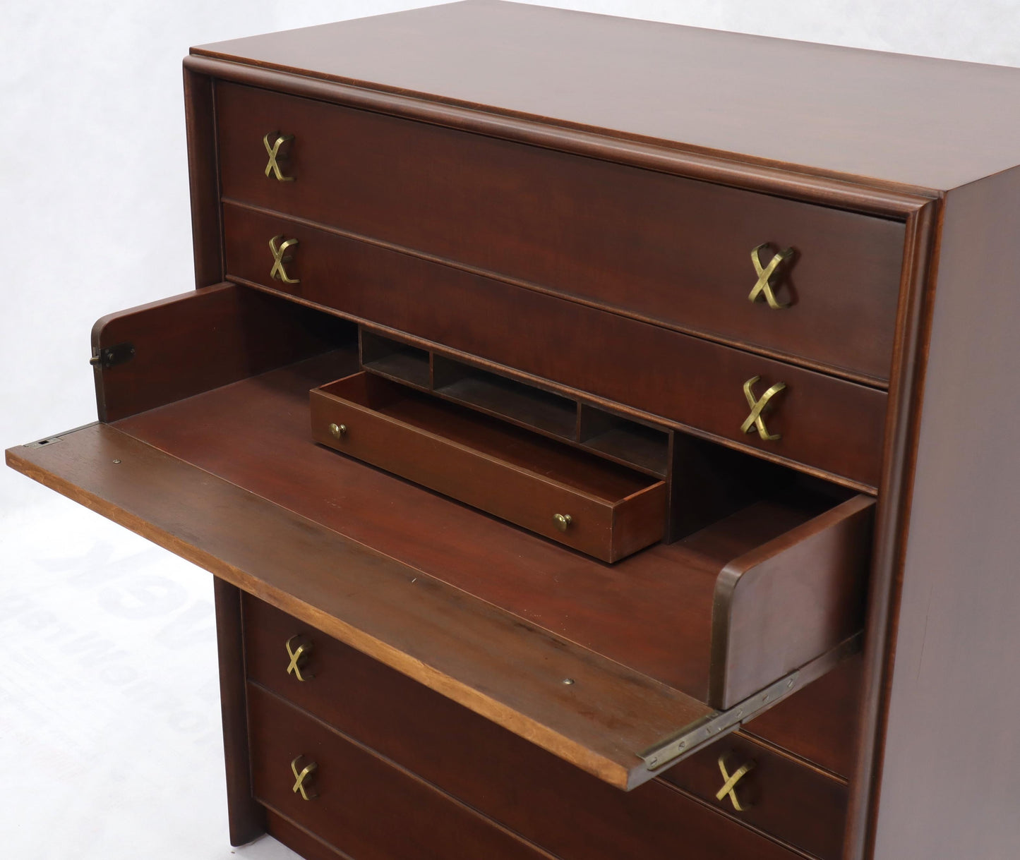 EstablishedLines Paul Frankl Brass X-Pulls Brown Cherry High Chest with Drop Front Secretary