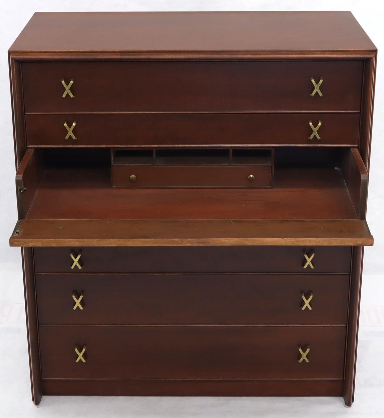 EstablishedLines Paul Frankl Brass X-Pulls Brown Cherry High Chest with Drop Front Secretary
