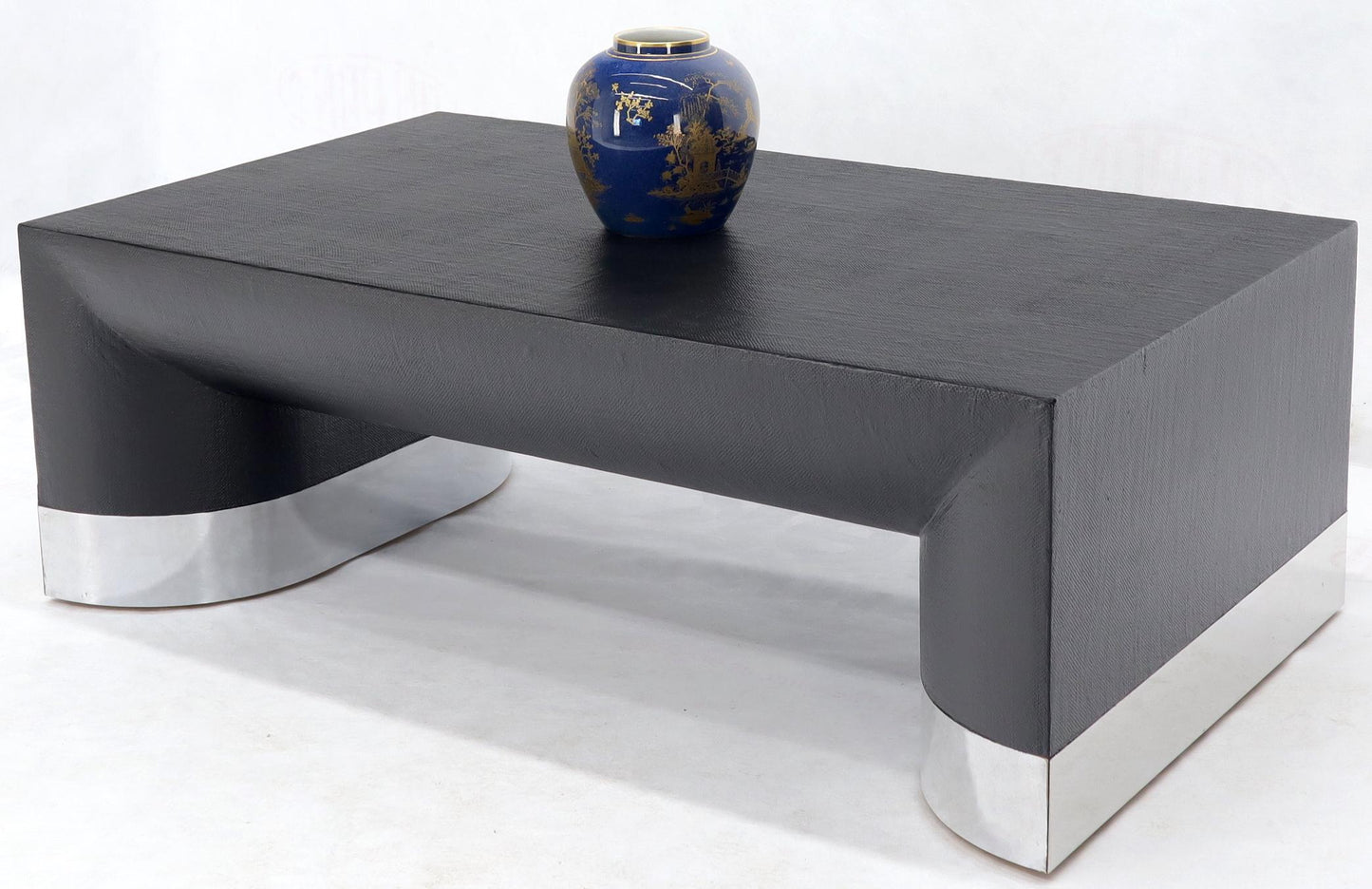 EstablishedLines Large Black Lacquer Cloth Covered Chrome Base Rectangular Coffee Table