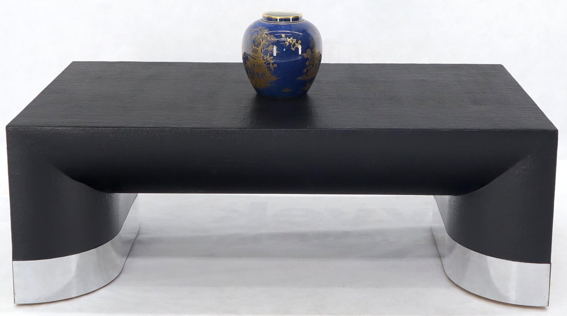 EstablishedLines Large Black Lacquer Cloth Covered Chrome Base Rectangular Coffee Table