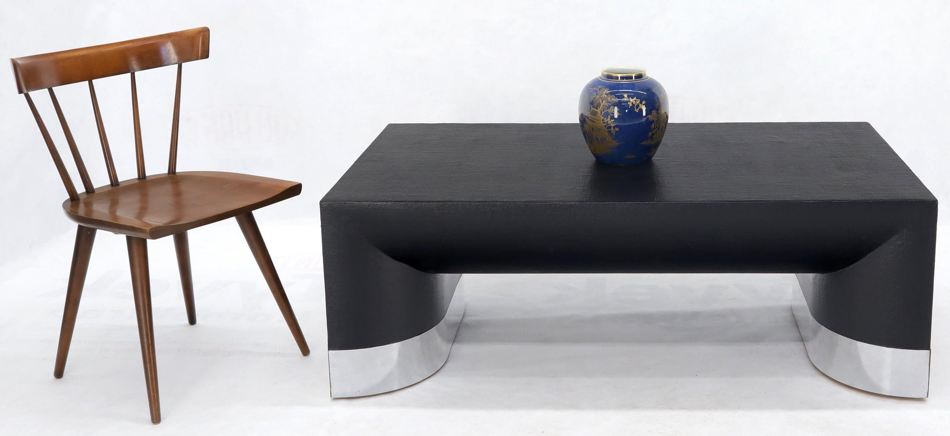 EstablishedLines Large Black Lacquer Cloth Covered Chrome Base Rectangular Coffee Table