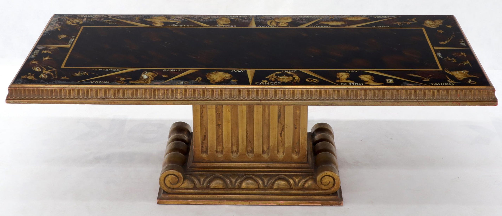 EstablishedLines Reverse Painting Glass Top Colomn Pedestal Shape Base Gold Gilt Coffee Table