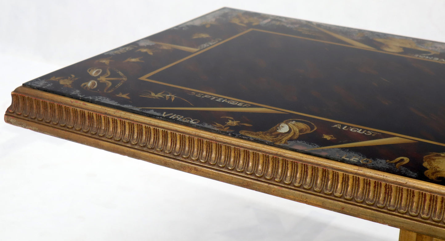 EstablishedLines Reverse Painting Glass Top Colomn Pedestal Shape Base Gold Gilt Coffee Table