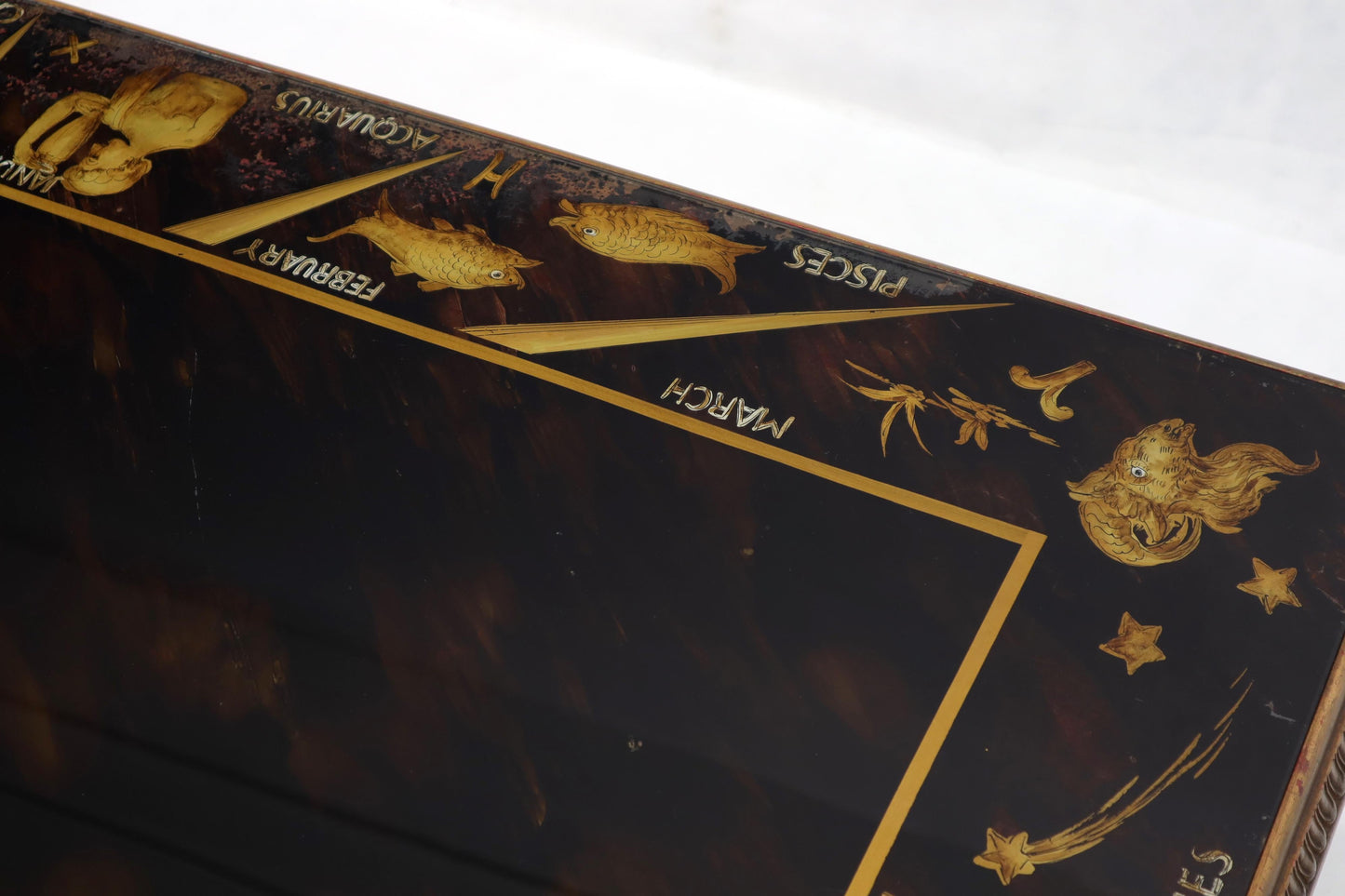 EstablishedLines Reverse Painting Glass Top Colomn Pedestal Shape Base Gold Gilt Coffee Table