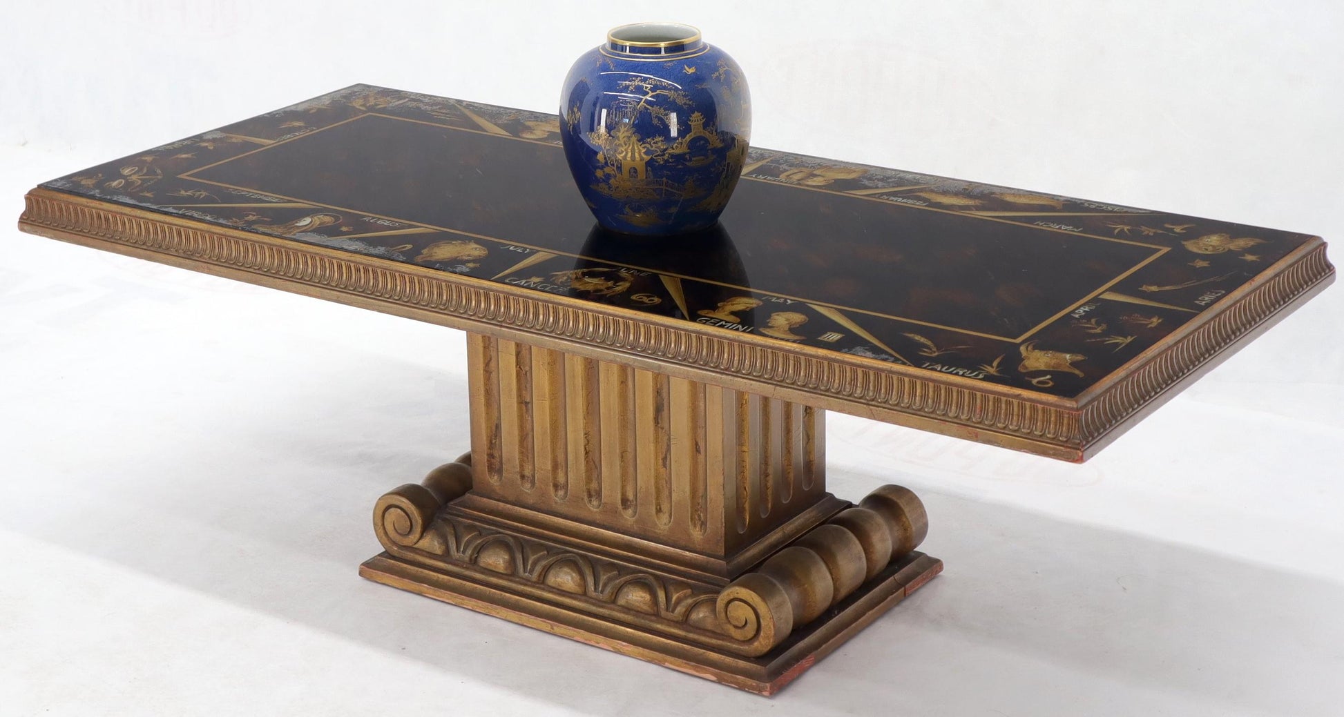 EstablishedLines Reverse Painting Glass Top Colomn Pedestal Shape Base Gold Gilt Coffee Table