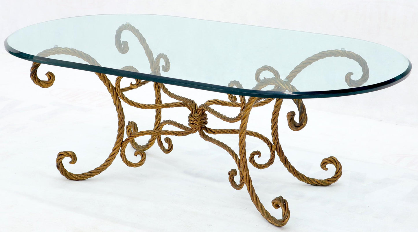 EstablishedLines Twisted Wrought Iron Rope Gold Gilt Base Oval Racetrack Glass Top Coffee Table