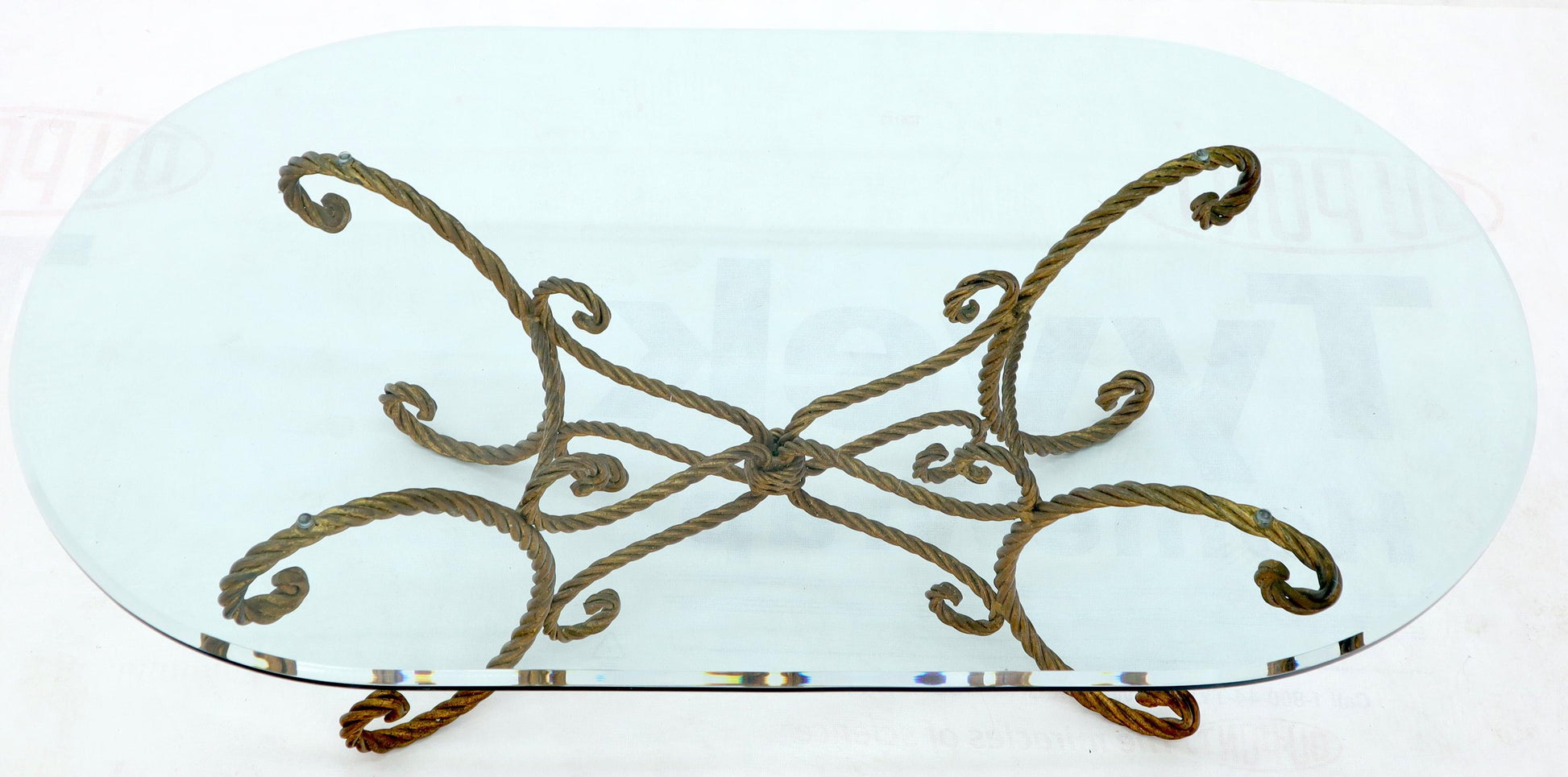 EstablishedLines Twisted Wrought Iron Rope Gold Gilt Base Oval Racetrack Glass Top Coffee Table