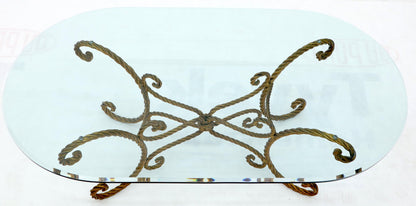 EstablishedLines Twisted Wrought Iron Rope Gold Gilt Base Oval Racetrack Glass Top Coffee Table