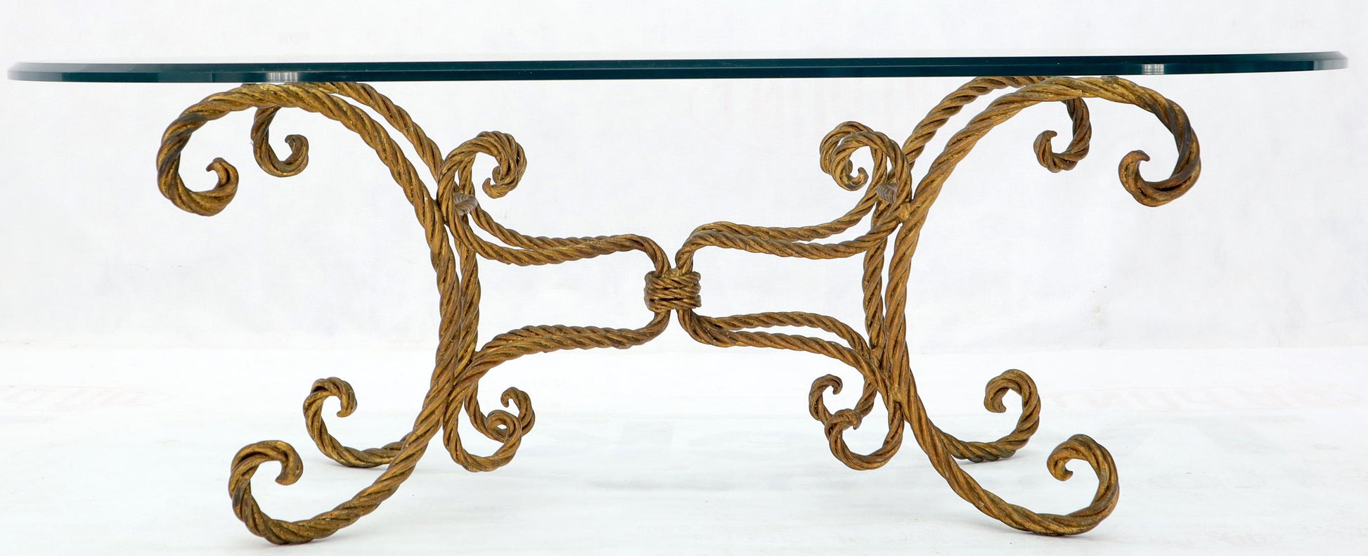 EstablishedLines Twisted Wrought Iron Rope Gold Gilt Base Oval Racetrack Glass Top Coffee Table