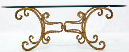EstablishedLines Twisted Wrought Iron Rope Gold Gilt Base Oval Racetrack Glass Top Coffee Table