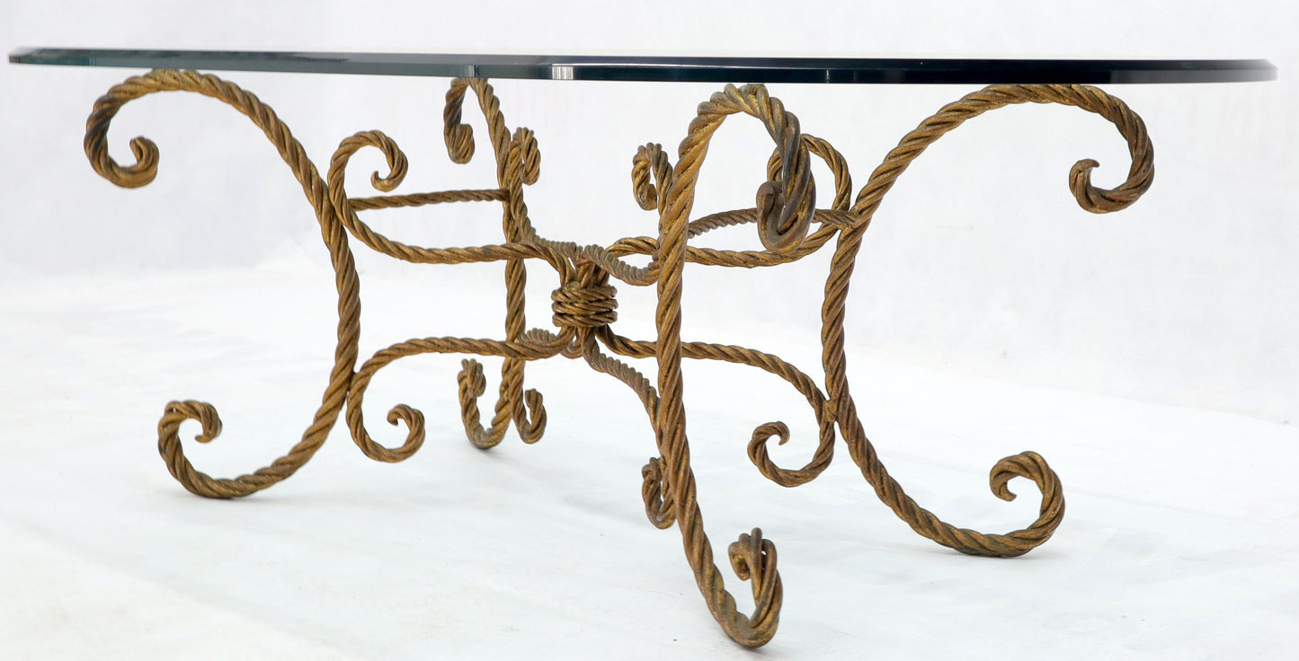 EstablishedLines Twisted Wrought Iron Rope Gold Gilt Base Oval Racetrack Glass Top Coffee Table