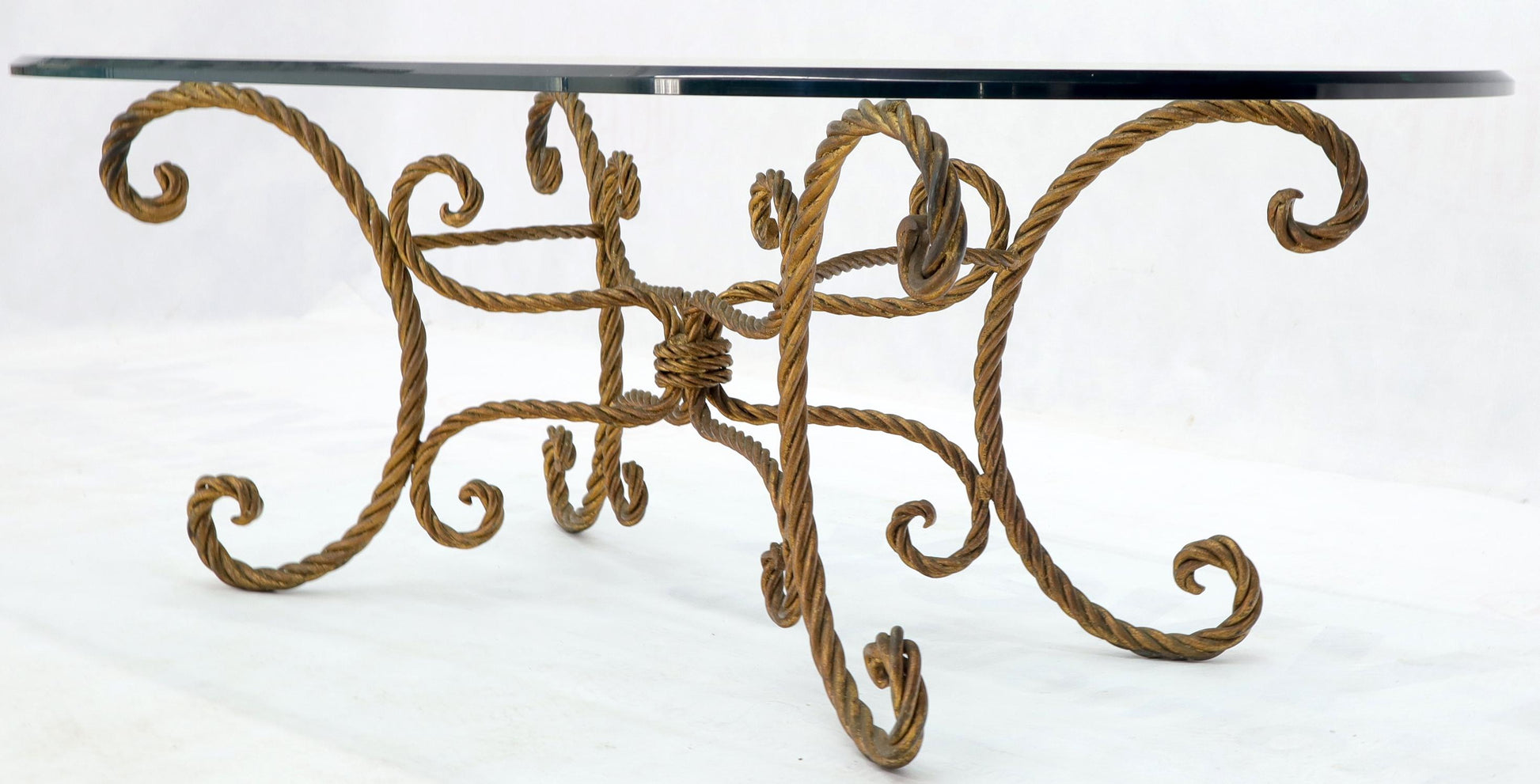 EstablishedLines Twisted Wrought Iron Rope Gold Gilt Base Oval Racetrack Glass Top Coffee Table