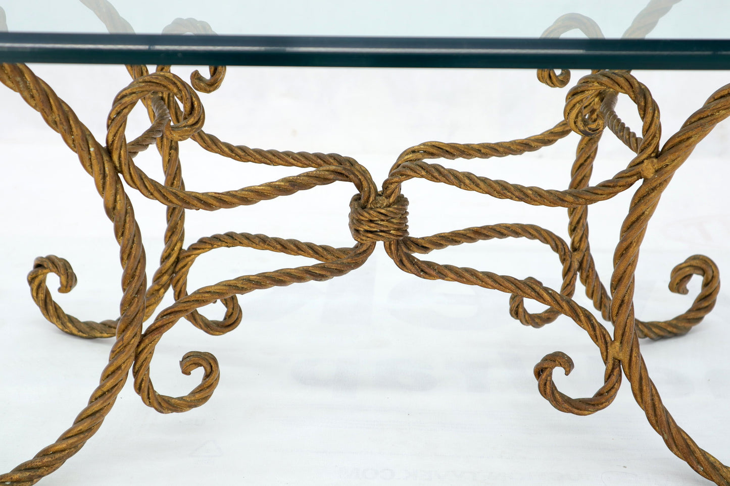 EstablishedLines Twisted Wrought Iron Rope Gold Gilt Base Oval Racetrack Glass Top Coffee Table