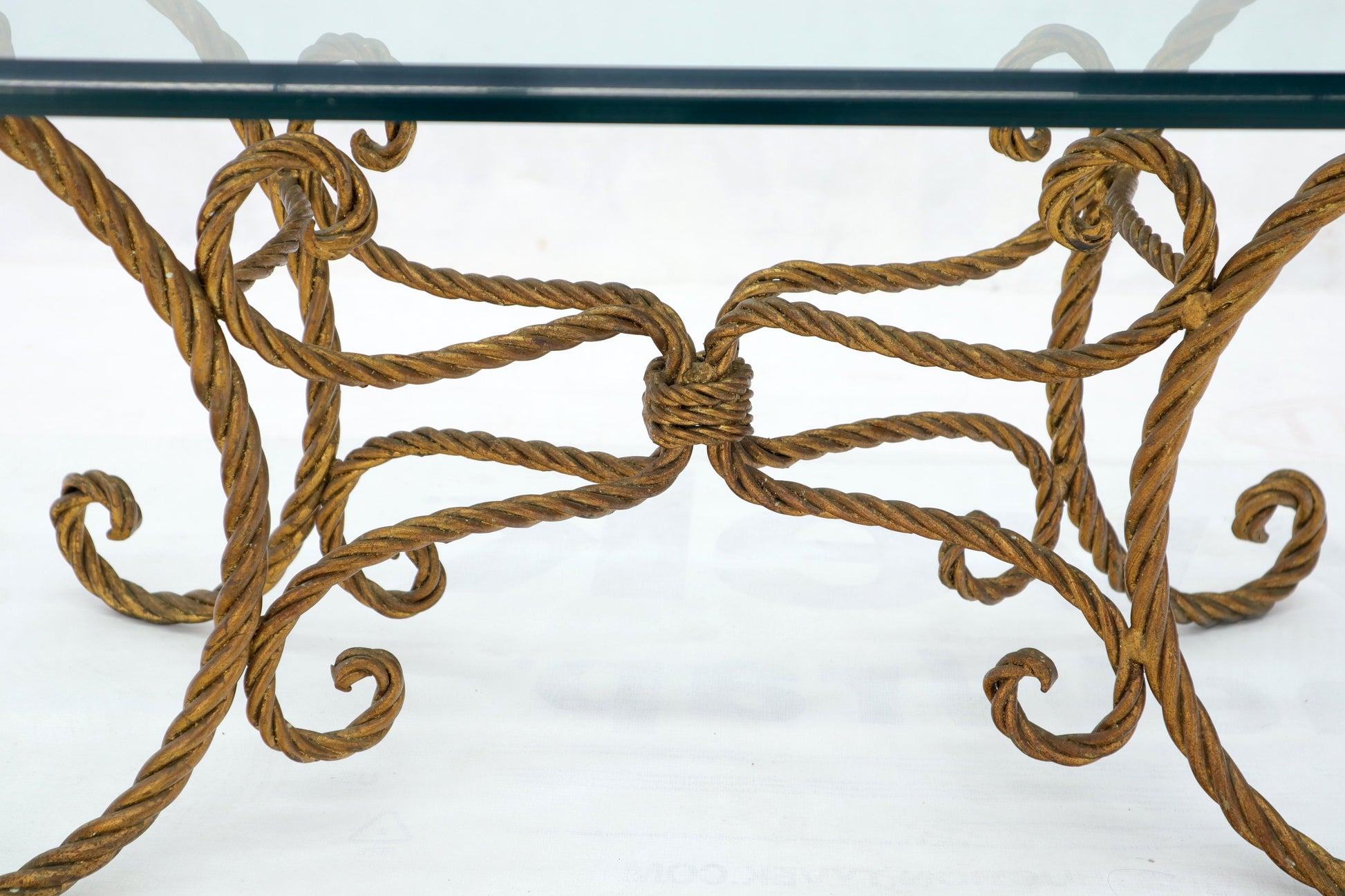 EstablishedLines Twisted Wrought Iron Rope Gold Gilt Base Oval Racetrack Glass Top Coffee Table