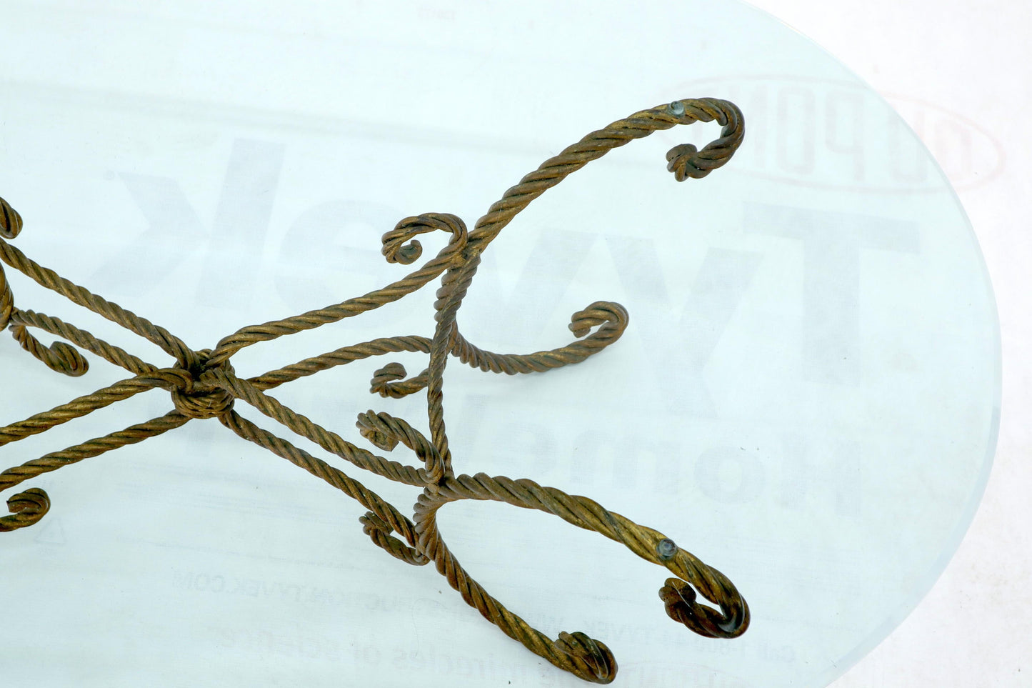 EstablishedLines Twisted Wrought Iron Rope Gold Gilt Base Oval Racetrack Glass Top Coffee Table