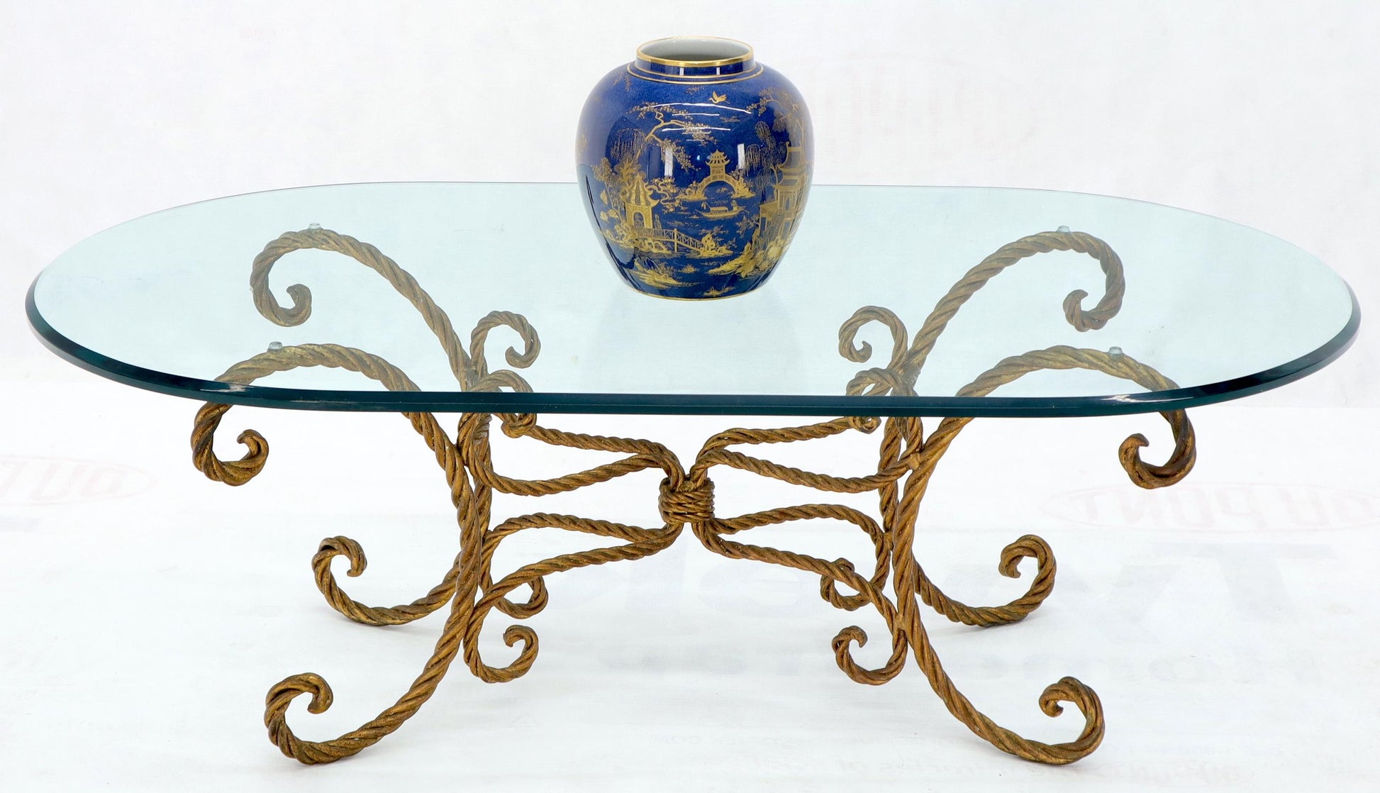 EstablishedLines Twisted Wrought Iron Rope Gold Gilt Base Oval Racetrack Glass Top Coffee Table
