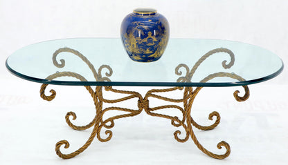 EstablishedLines Twisted Wrought Iron Rope Gold Gilt Base Oval Racetrack Glass Top Coffee Table
