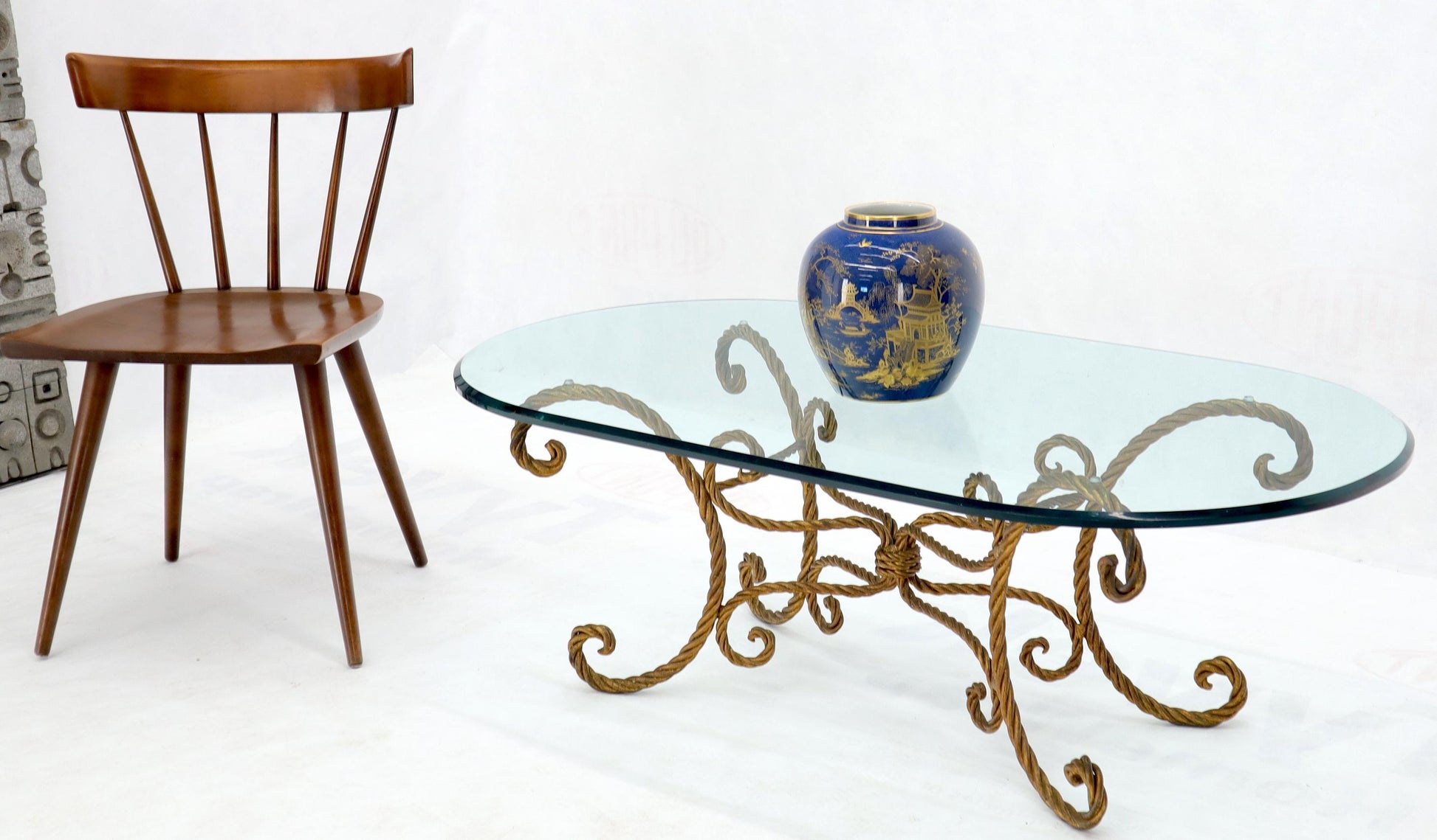 EstablishedLines Twisted Wrought Iron Rope Gold Gilt Base Oval Racetrack Glass Top Coffee Table