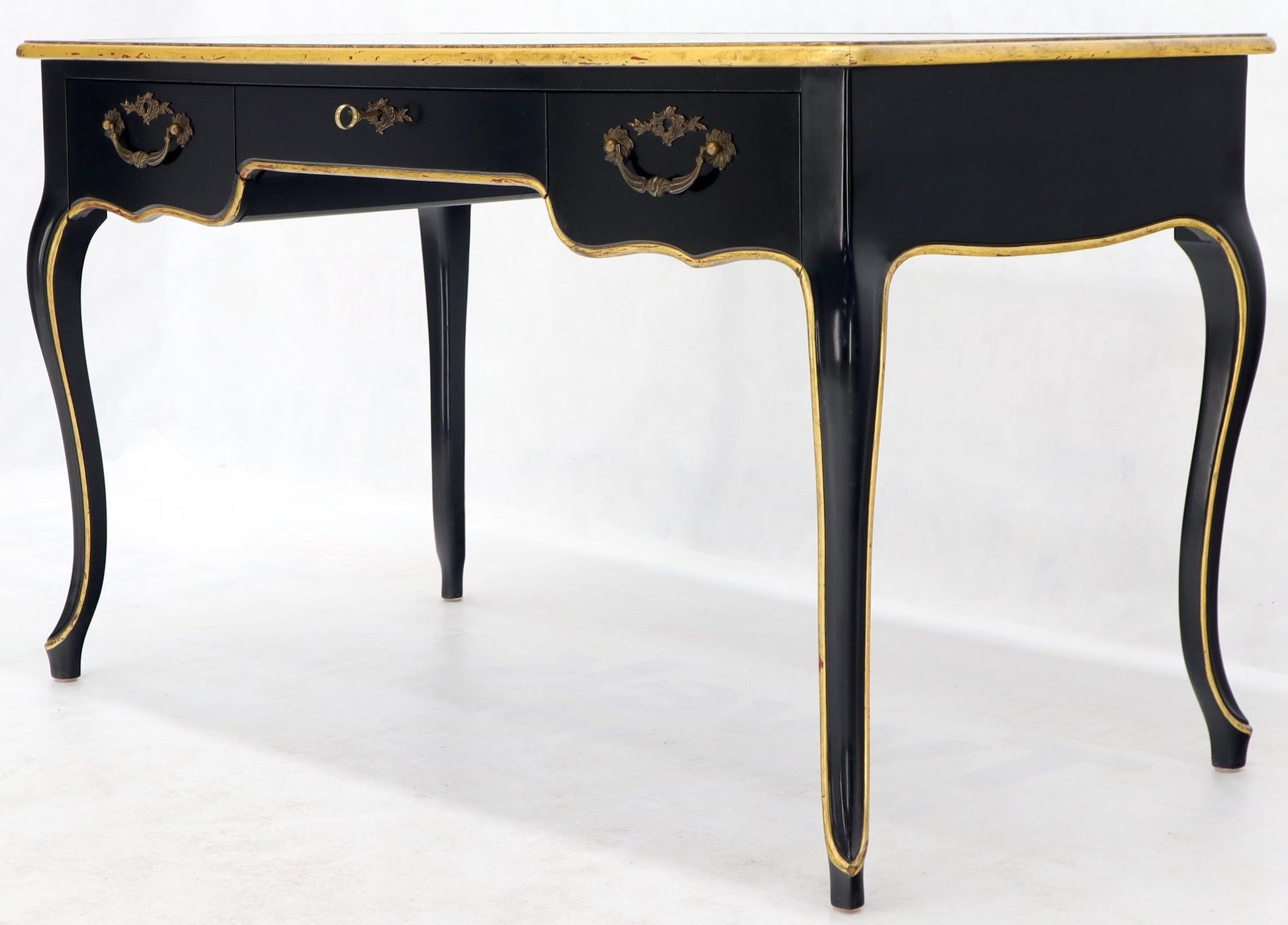 EstablishedLines Baker Country French Black Lacquer Gold Trim Leather Desk Console
