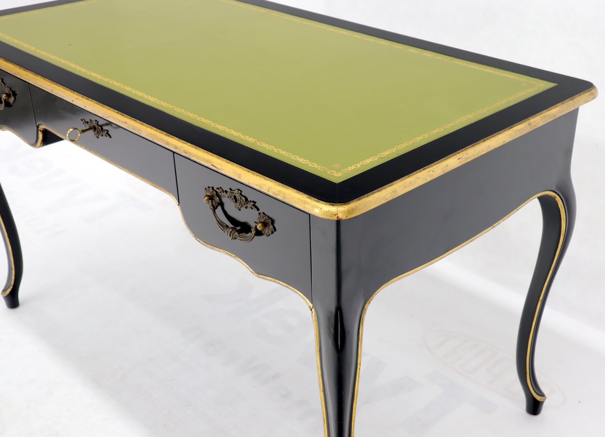 EstablishedLines Baker Country French Black Lacquer Gold Trim Leather Desk Console