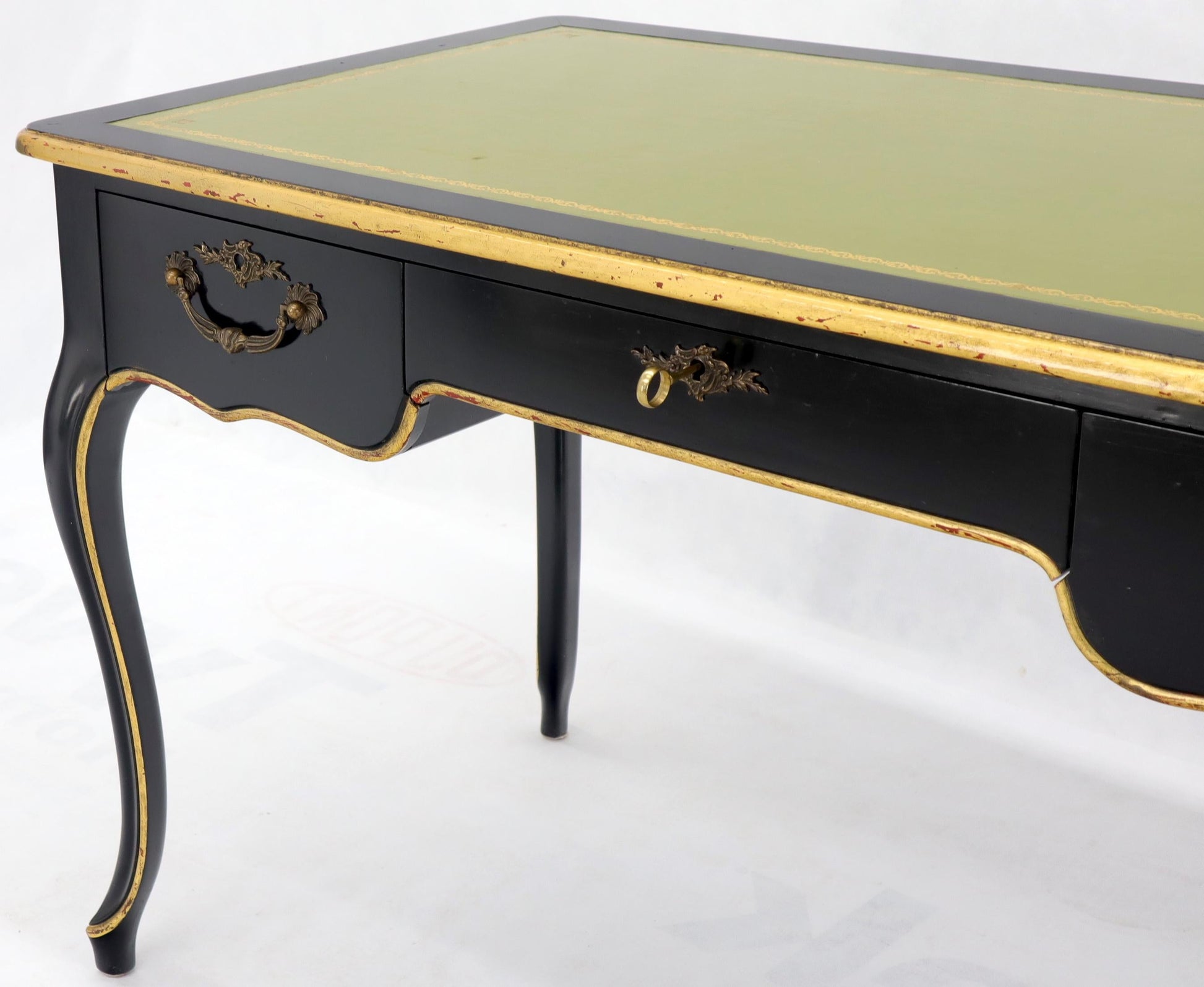EstablishedLines Baker Country French Black Lacquer Gold Trim Leather Desk Console