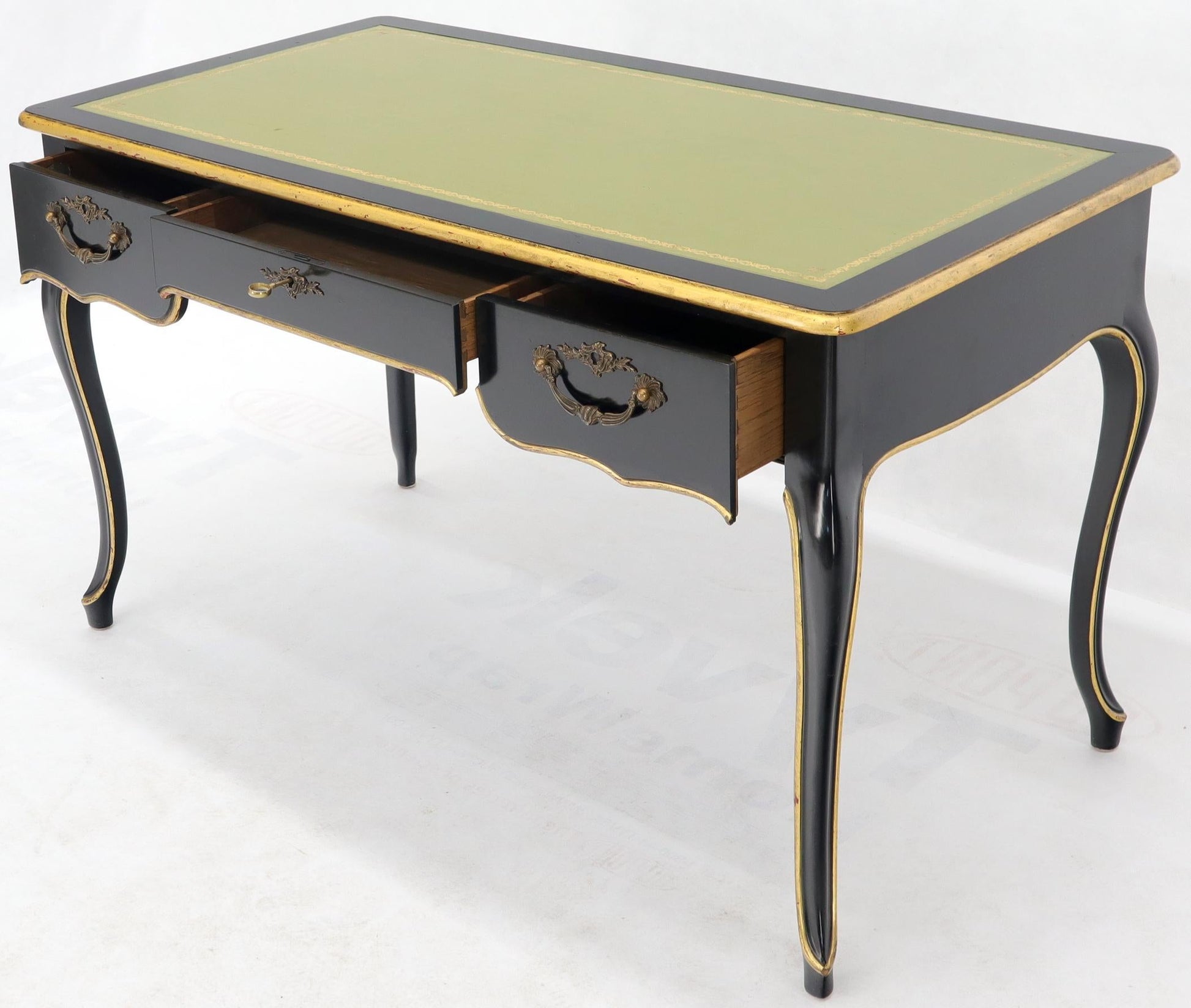 EstablishedLines Baker Country French Black Lacquer Gold Trim Leather Desk Console