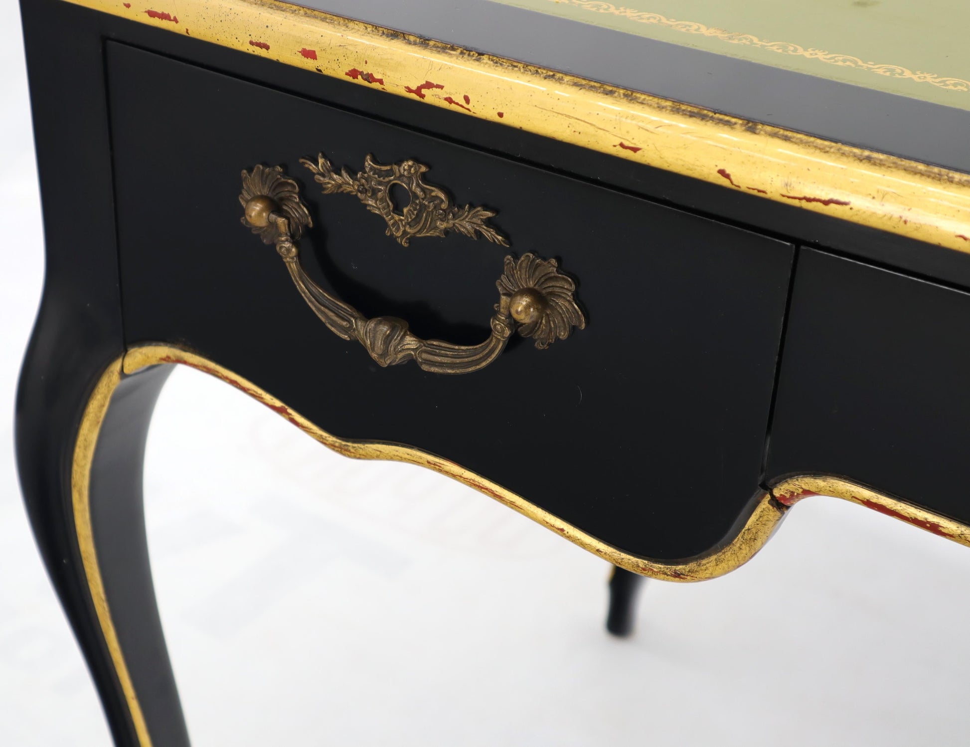 EstablishedLines Baker Country French Black Lacquer Gold Trim Leather Desk Console