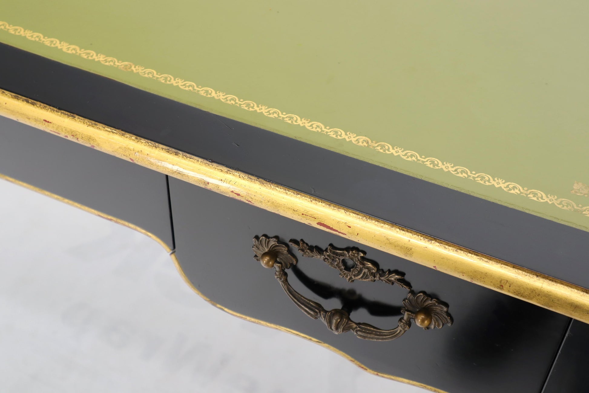 EstablishedLines Baker Country French Black Lacquer Gold Trim Leather Desk Console