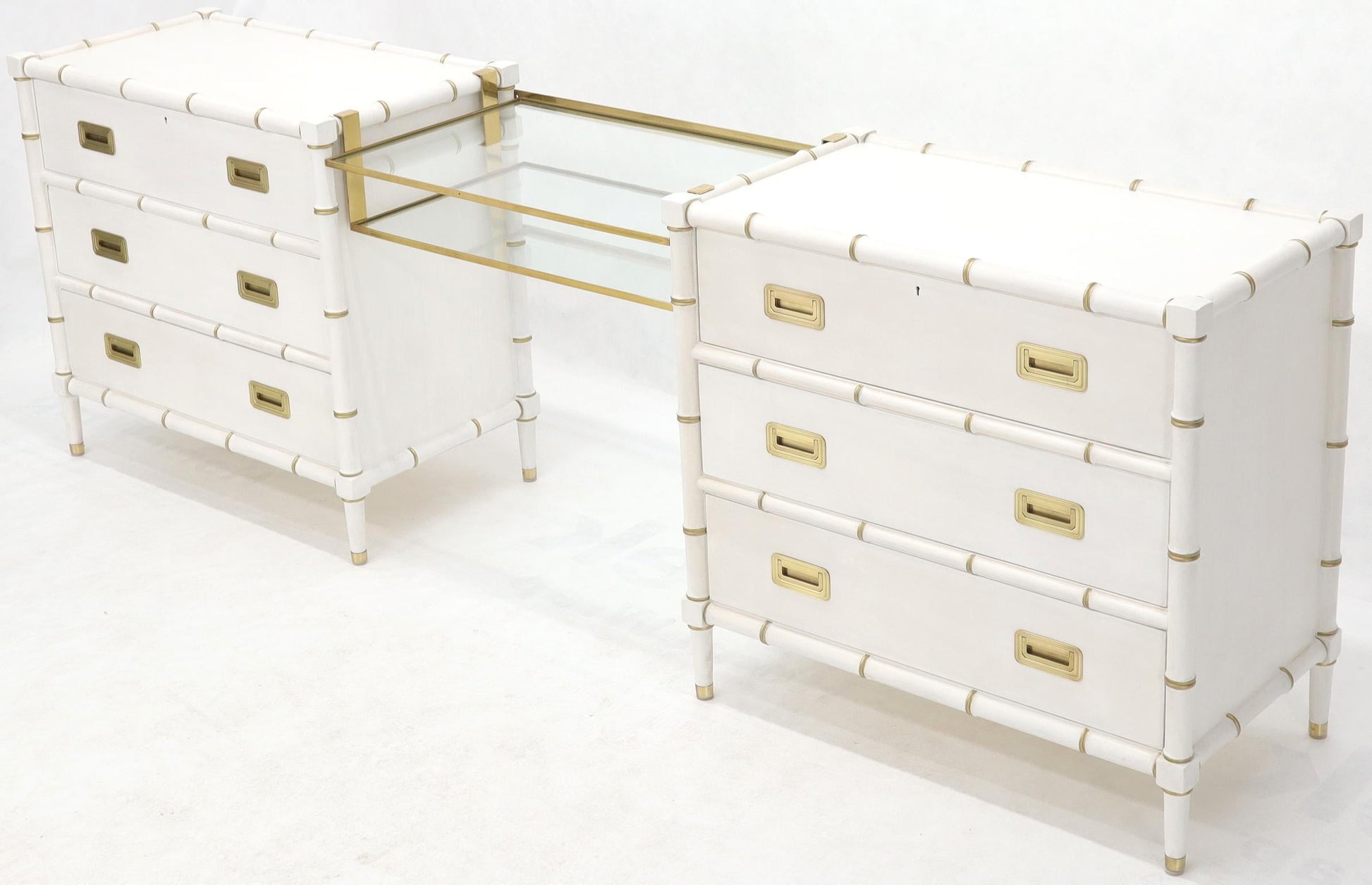 EstablishedLines Pair of White Lacquer Brass Hardware Bachelor Chest with Suspended Brass Vanity