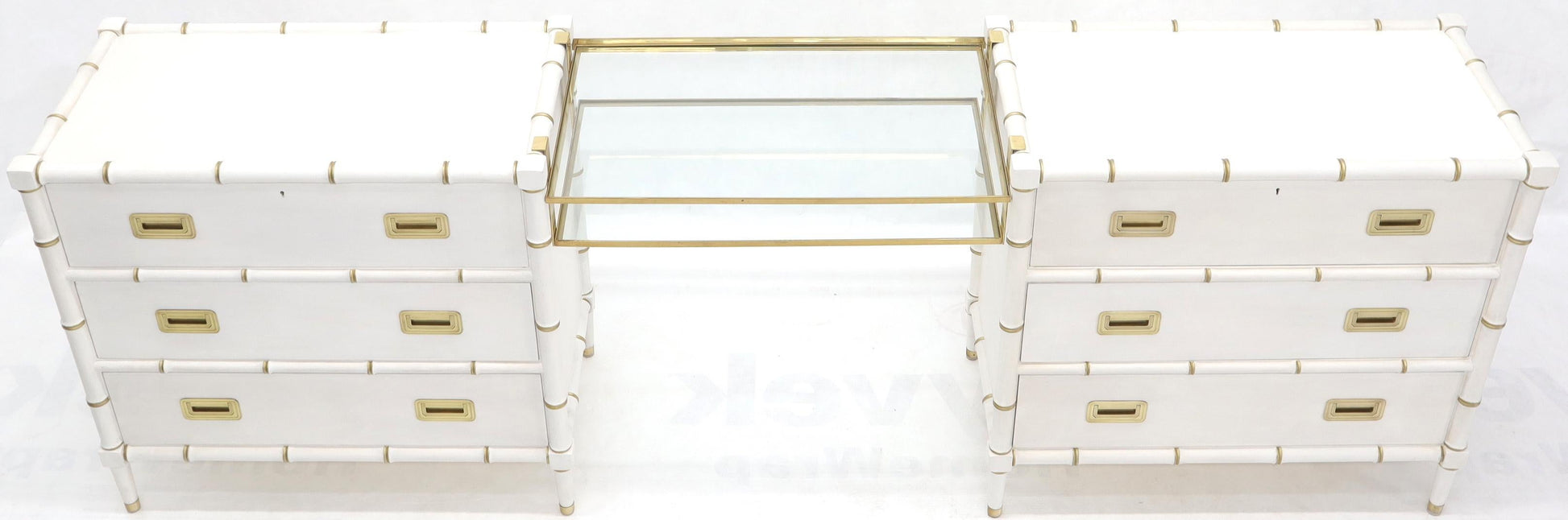 EstablishedLines Pair of White Lacquer Brass Hardware Bachelor Chest with Suspended Brass Vanity