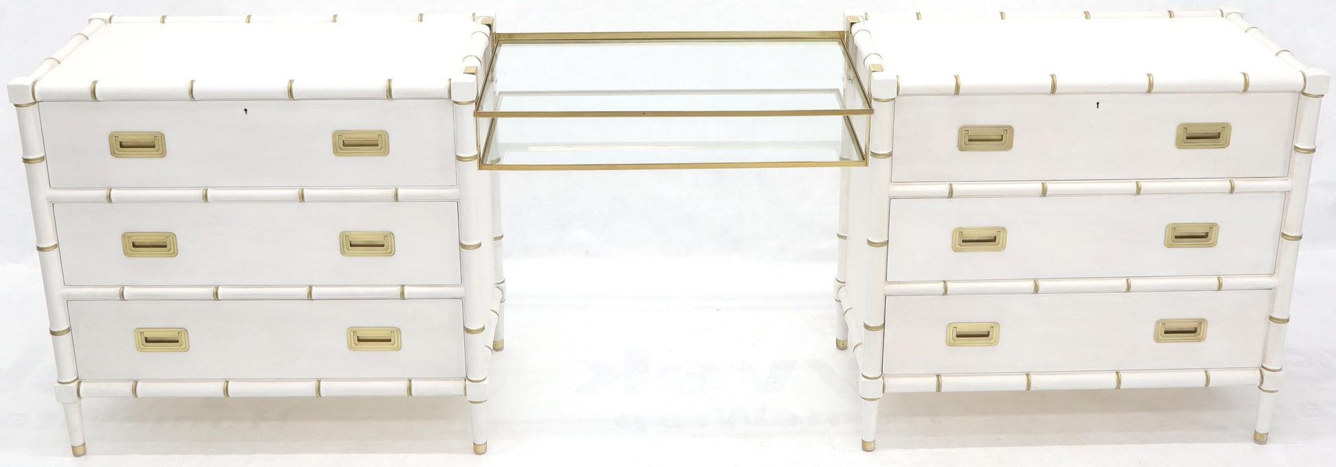 EstablishedLines Pair of White Lacquer Brass Hardware Bachelor Chest with Suspended Brass Vanity