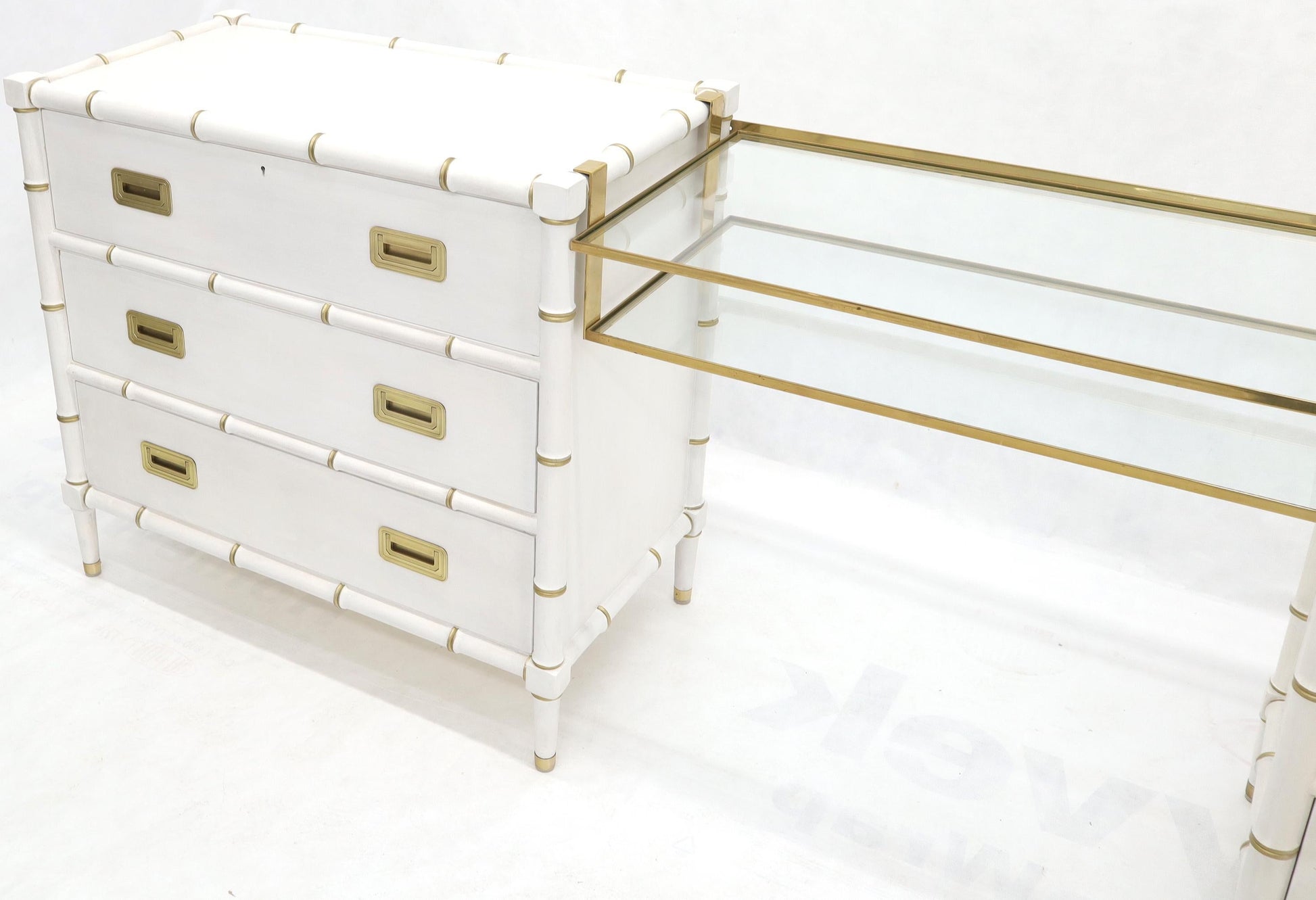 EstablishedLines Pair of White Lacquer Brass Hardware Bachelor Chest with Suspended Brass Vanity