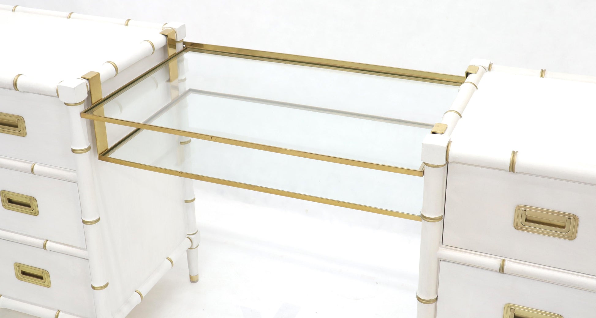 EstablishedLines Pair of White Lacquer Brass Hardware Bachelor Chest with Suspended Brass Vanity