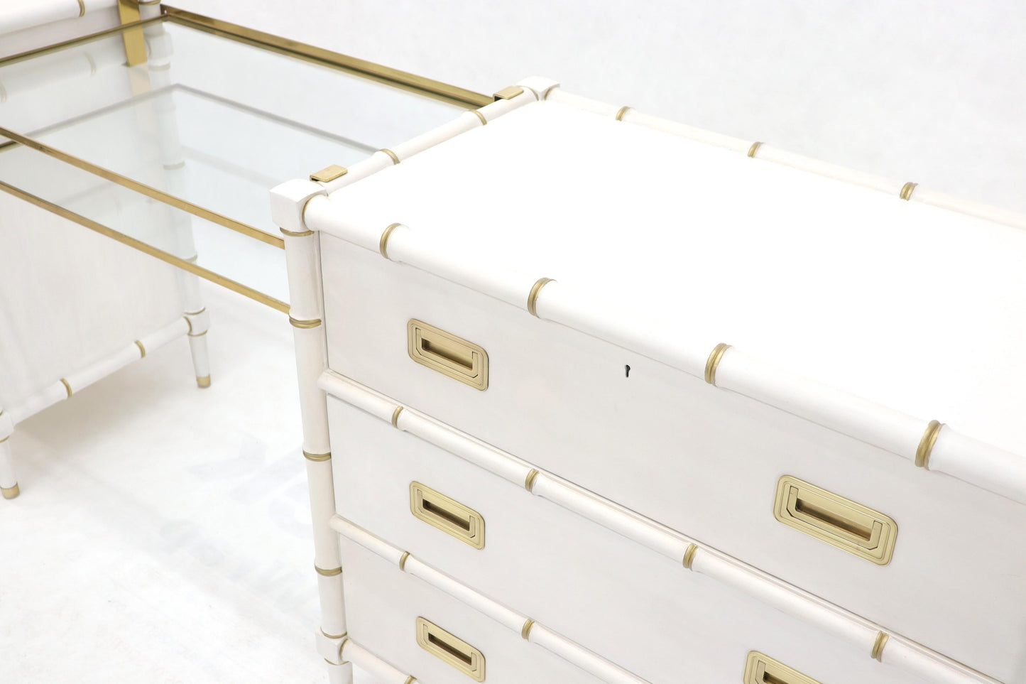 EstablishedLines Pair of White Lacquer Brass Hardware Bachelor Chest with Suspended Brass Vanity