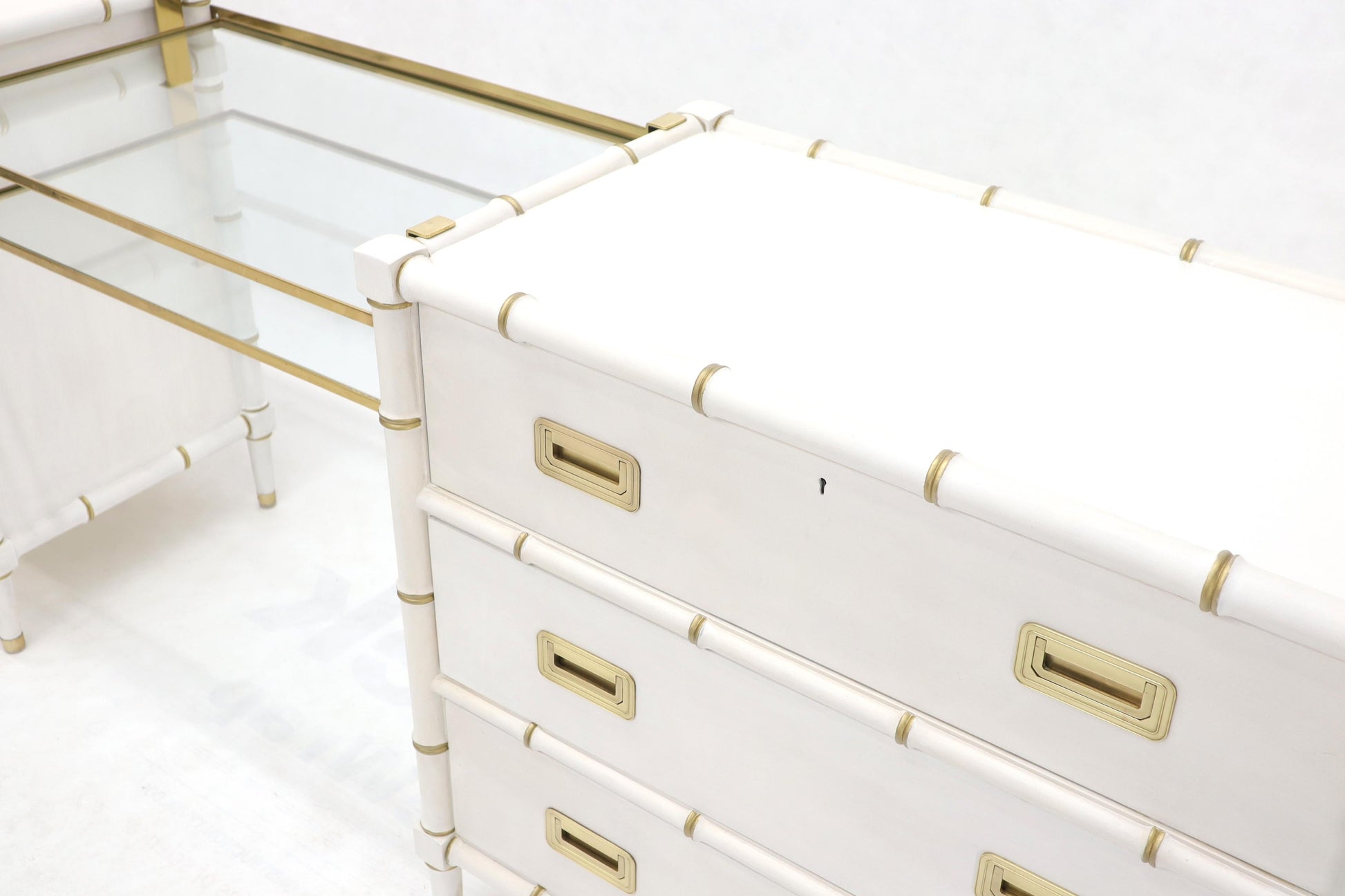 EstablishedLines Pair of White Lacquer Brass Hardware Bachelor Chest with Suspended Brass Vanity