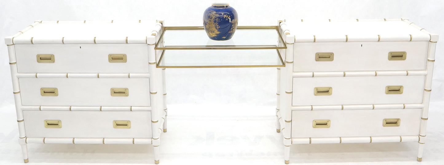 EstablishedLines Pair of White Lacquer Brass Hardware Bachelor Chest with Suspended Brass Vanity