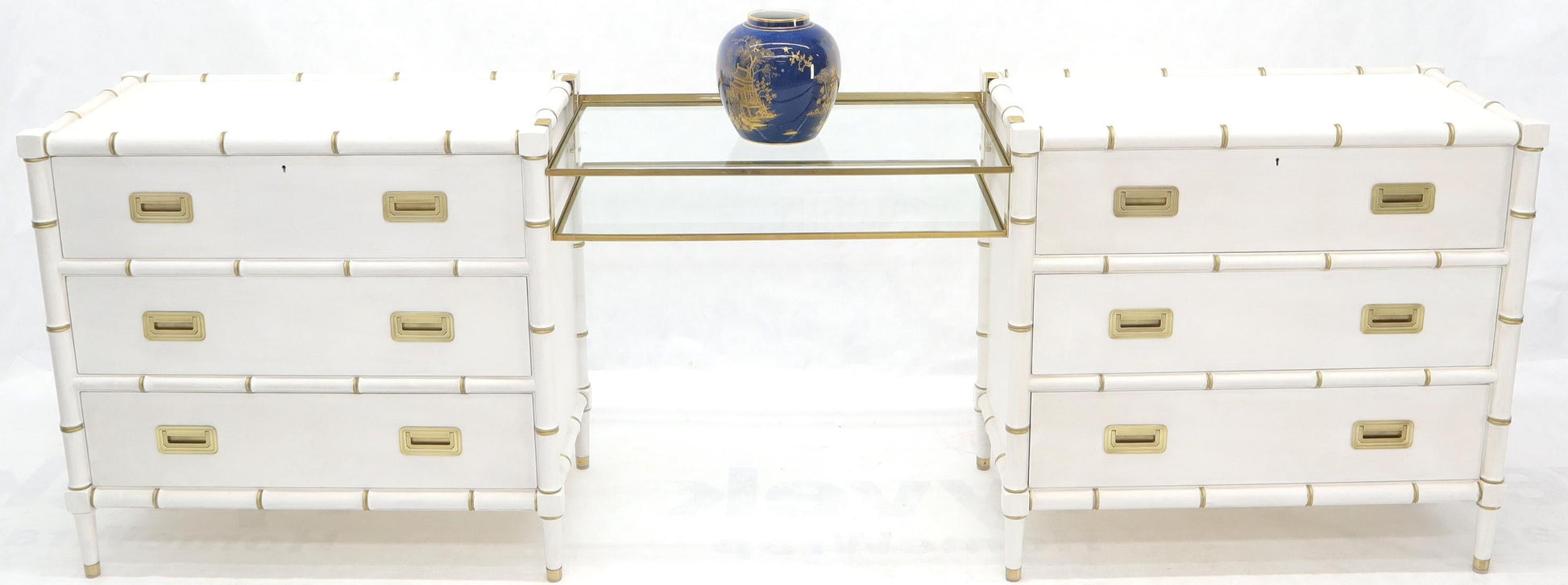EstablishedLines Pair of White Lacquer Brass Hardware Bachelor Chest with Suspended Brass Vanity