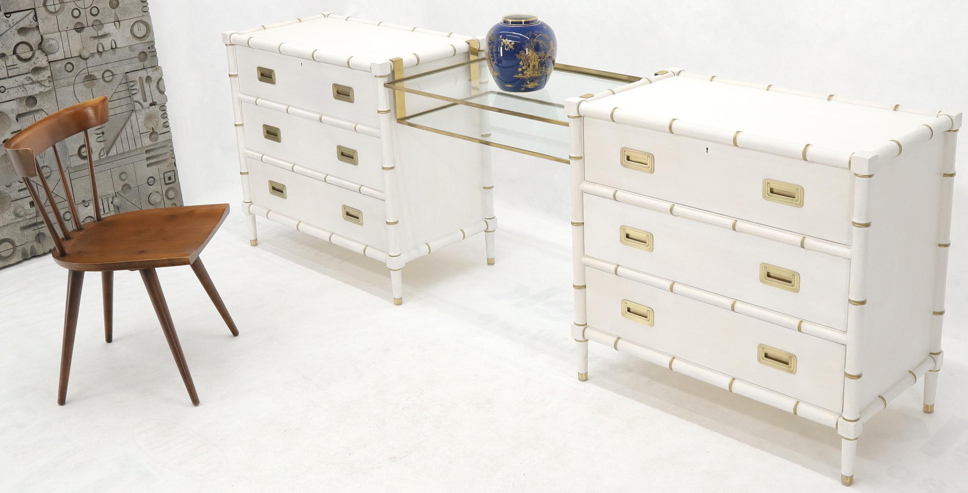 EstablishedLines Pair of White Lacquer Brass Hardware Bachelor Chest with Suspended Brass Vanity