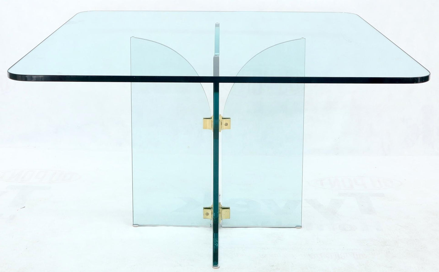 EstablishedLines Thick Rounded Square Glass Top Dining Table on Thick Glass Pedestal Base